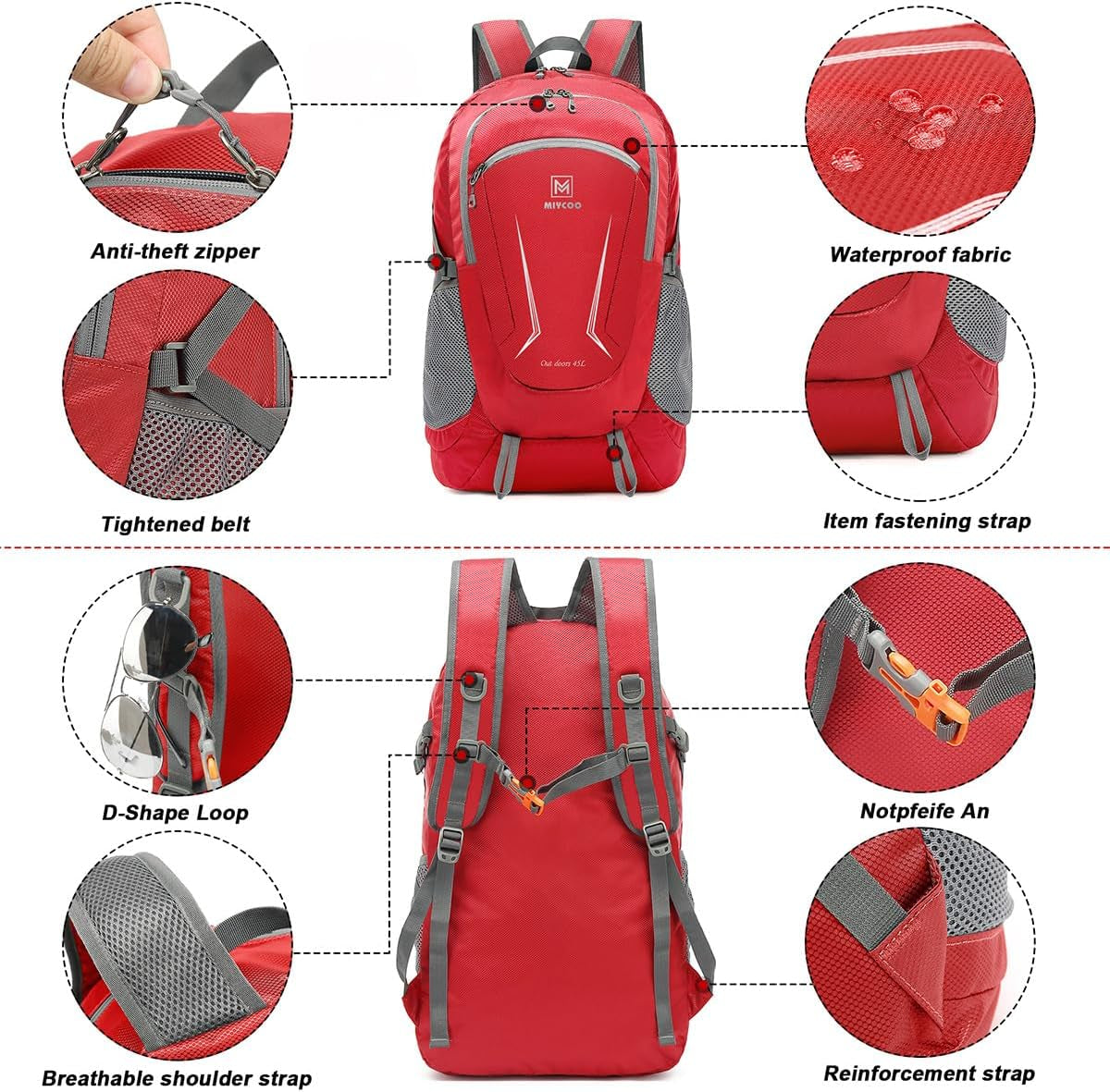 Lightweight Backpack for Men Women - Packable Hiking Travel Backpack - Foldable Outdoor Camping Daypack Red
