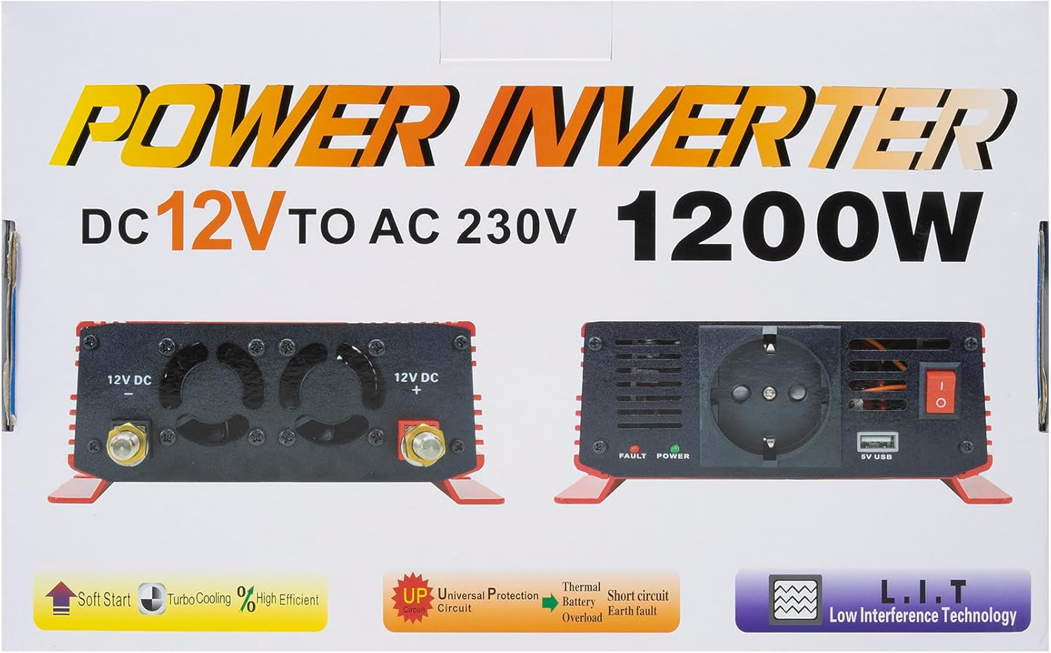 Power Inverter  L1200W, Input 12V - Output 230V, Output Power 1200W, 1 X 230V Socket, USB2.0