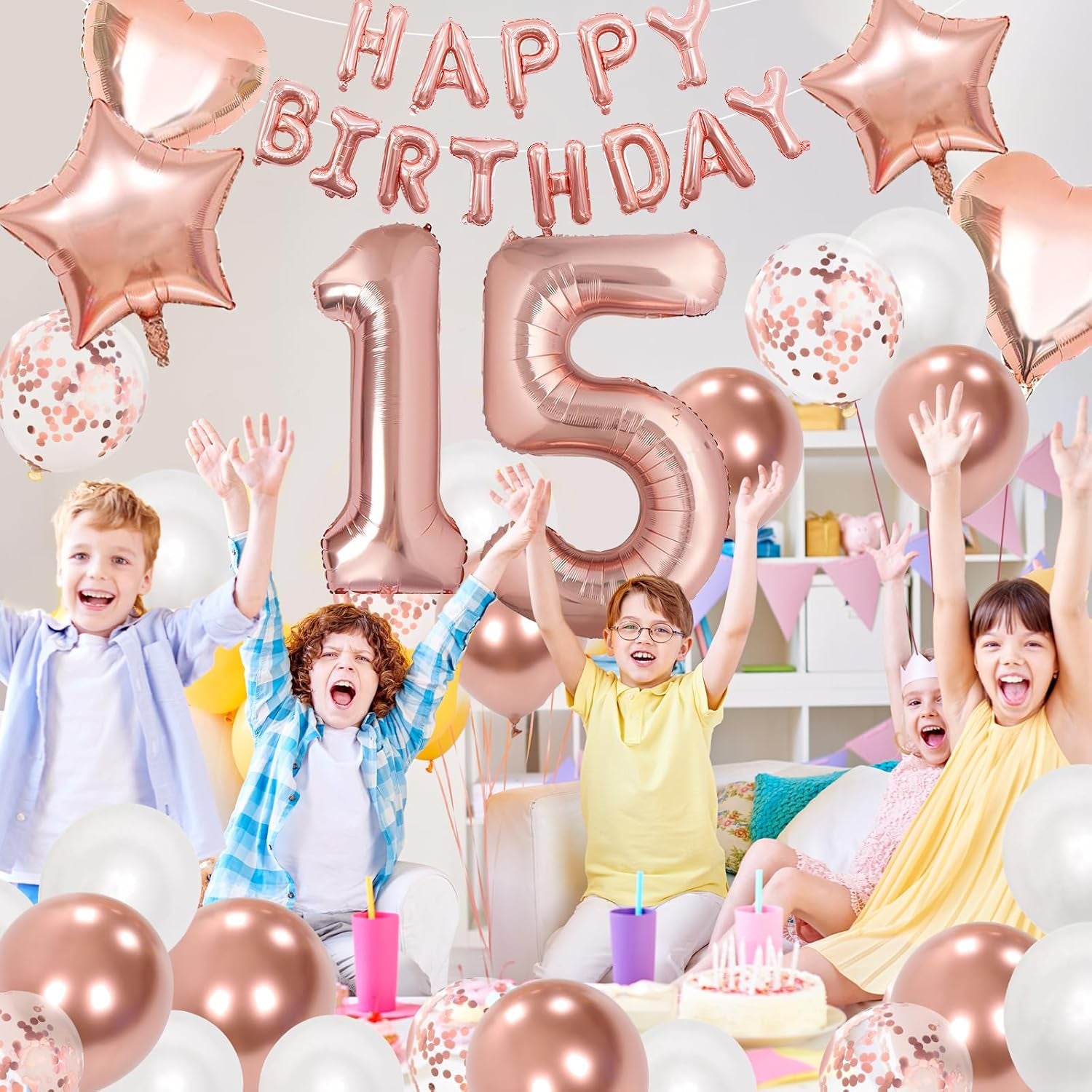 15Th Birthday Decorations for Girls, Rose Gold 15Th Birthday Decorations, Rose Gold 32 Inch Number 15 Foil Balloon with Banner, Star Confetti Balloon for 15 Party Deko