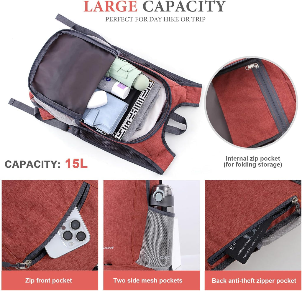 15L Hiking Backpack Small Travel Backpack Lightweight Packable Backpacks Casual Daypack for Women and Men, Red