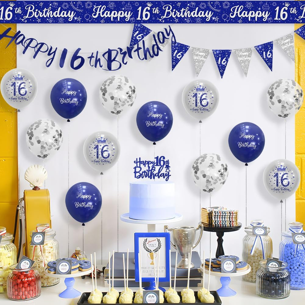 Boys 16Th Birthday Decorations Blue Silver 16Th Birthday Party Decorations 16 Pack Navy Silver Boy Happy 16Th Birthday Banner Bunting Kit by
