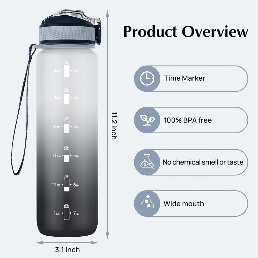Water Bottle, 1L Sports Water Bottle with Straw, Time Markings, Leak Proof, Tritan BPA Free for School, Cycling, Running (1 Bottle)