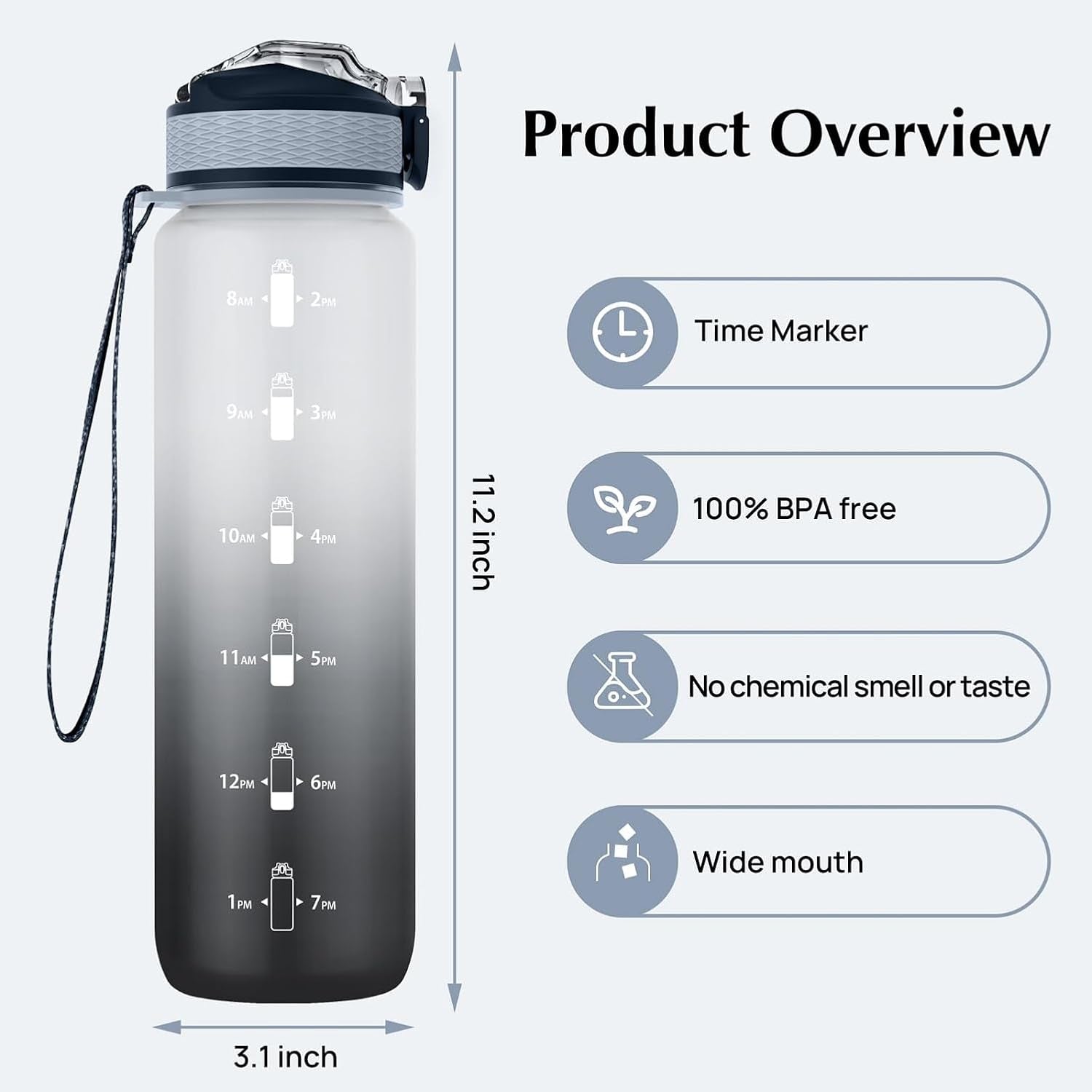 Water Bottle, 1L Sports Water Bottle with Straw, Time Markings, Leak Proof, Tritan BPA Free for School, Cycling, Running (1 Bottle)