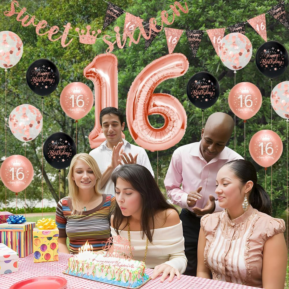 Girls 16Th Birthday Decorations Black Rose Gold Sweet Sixteen Birthday Decorations 16 Pack Girls by