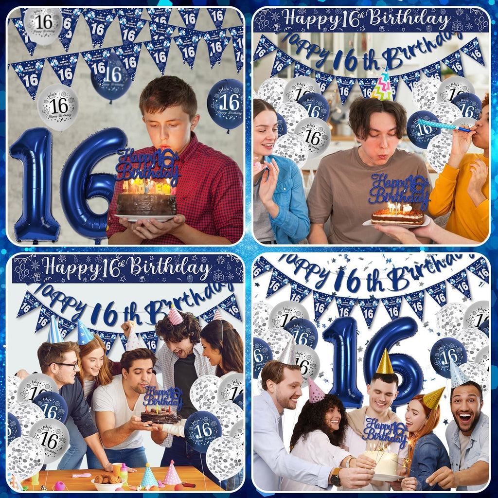 16Th Birthday Decorations Boys, Blue and Silver Happy 16Th Birthday Banner, Navy Blue and Sliver 16Th Birthday Balloons, Confetti Balloons 16Th Party Decorations for Boy, 16Th Birthday Party Supplies