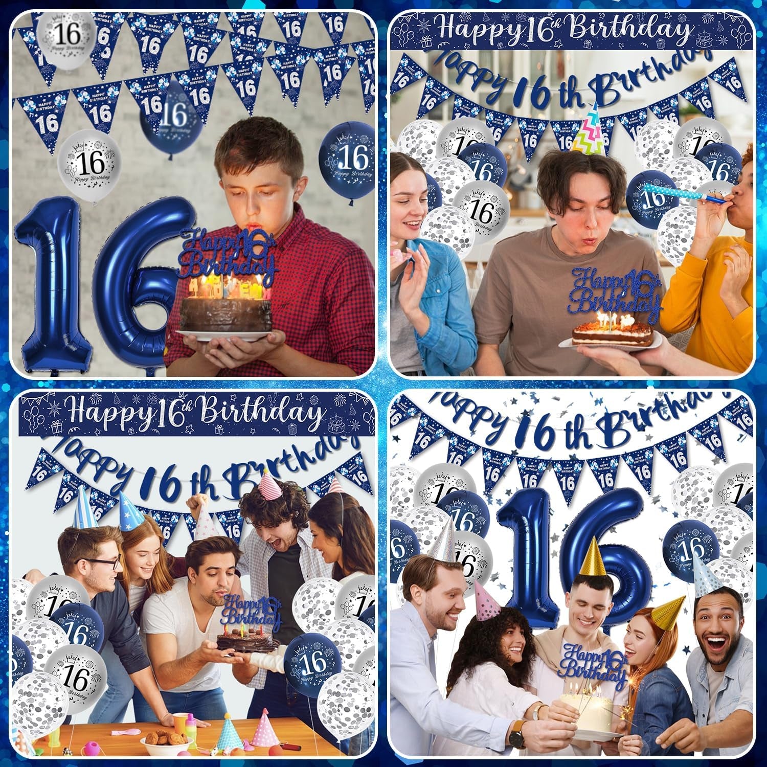 16Th Birthday Decorations Boys, Blue and Silver Happy 16Th Birthday Banner, Navy Blue and Sliver 16Th Birthday Balloons, Confetti Balloons 16Th Party Decorations for Boy, 16Th Birthday Party Supplies