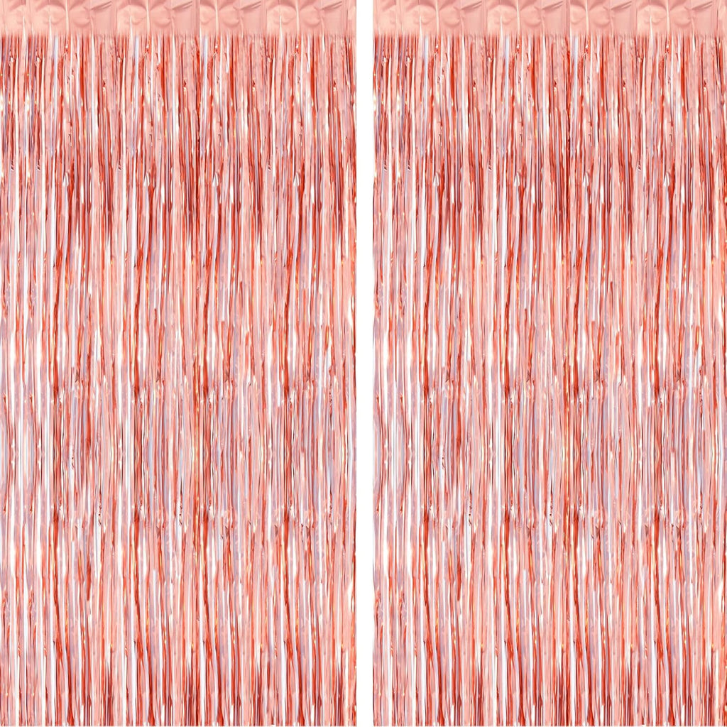 2Pcs 1M X 2.5M Rose Gold Tinsel Foil Fringe Curtains Streamers Backdrop for Birthday Graduation Engagement Bridal Shower Bachelorette Baby Shower Holiday Party Decorations