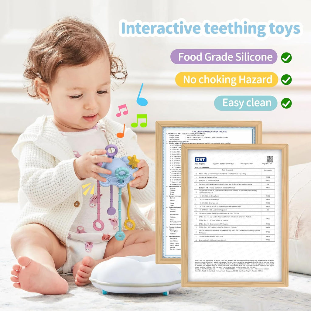 Montesorri-Toys - Pull String Toys for Baby - Made of 100% Food Grade Silicone with Built-In Rattle Function and Easy to Clean Design (Blue)