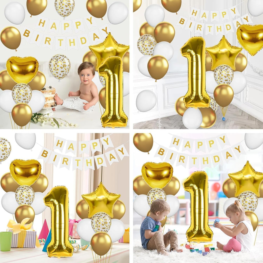 St Birthday Decoration for Boys, Gold White Confetti St Birthday Balloon with 40 Inch Number  Gold Balloon Star Heart Foil Balloons and Banner for Baby  Year Old Party Decor
