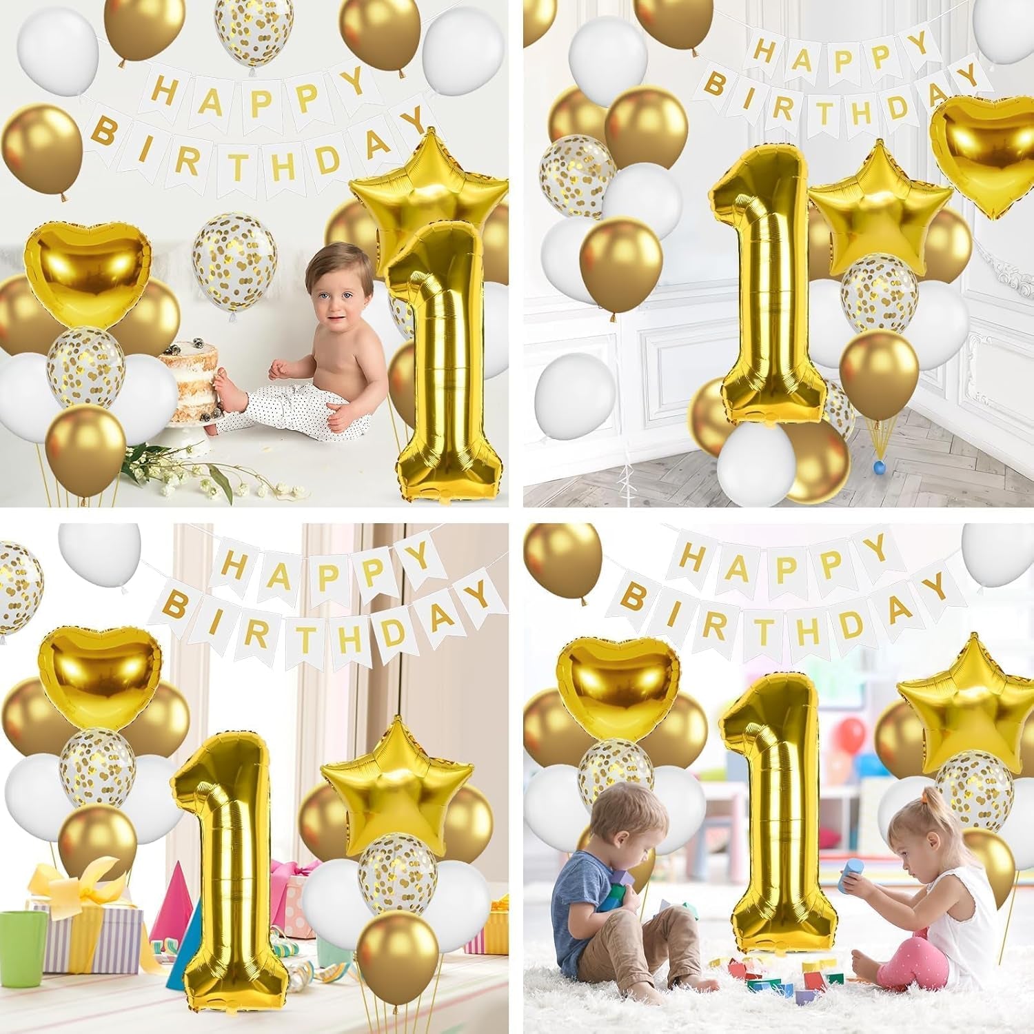 St Birthday Decoration for Boys, Gold White Confetti St Birthday Balloon with 40 Inch Number  Gold Balloon Star Heart Foil Balloons and Banner for Baby  Year Old Party Decor
