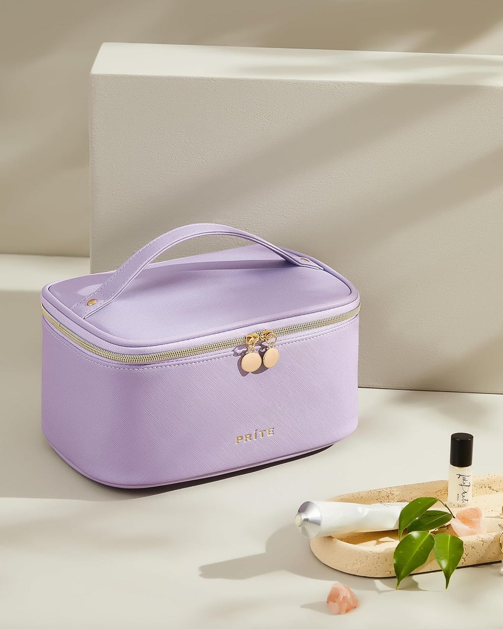 Large Makeup Bag for Women Travel Cosmetic Case Waterproof PU Leather Toiletry Bag Portable Make up Organiser with Handle and Removable Divider (Purple)