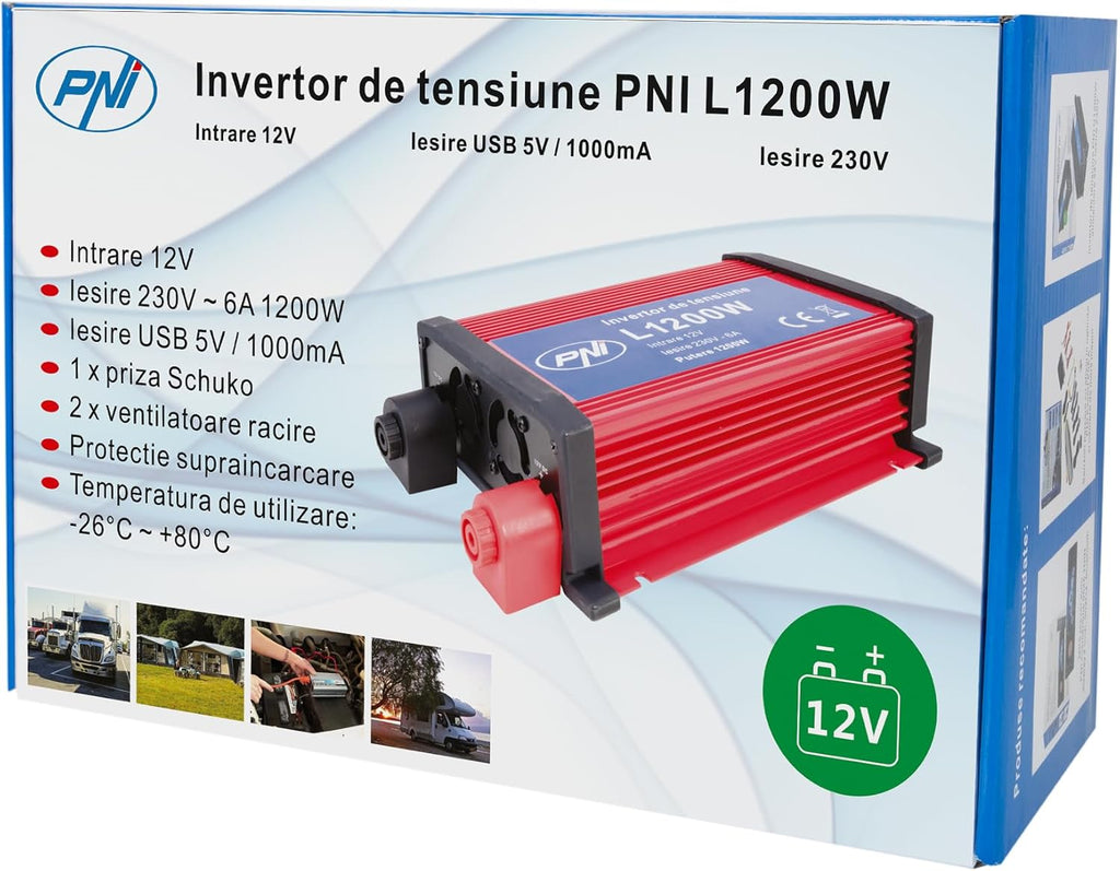 Power Inverter  L1200W, Input 12V - Output 230V, Output Power 1200W, 1 X 230V Socket, USB2.0