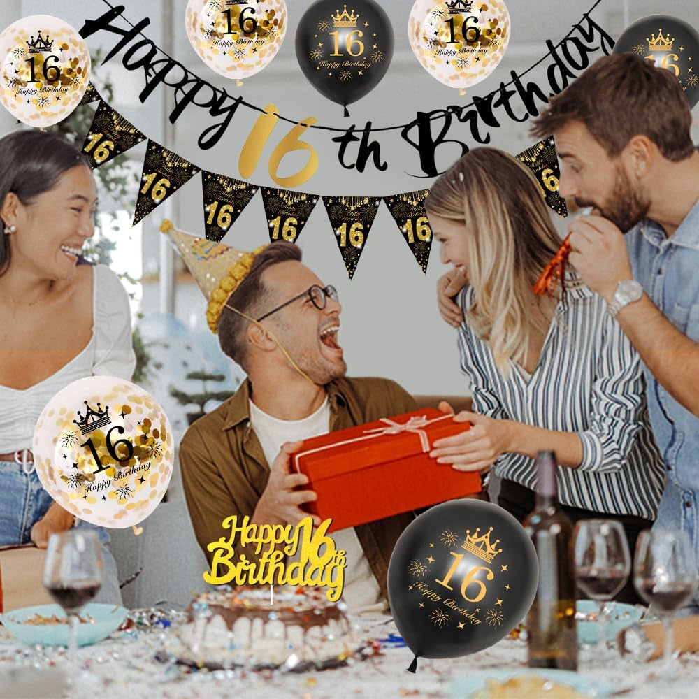 16Th Birthday Decoration, 16 Party Decoration Black Gold Balloons Birthday, 16Th Boy Girl Happy Birthday Banner Triangle 16 Balloon Decoration for Woman Birthday Party Cake Topper
