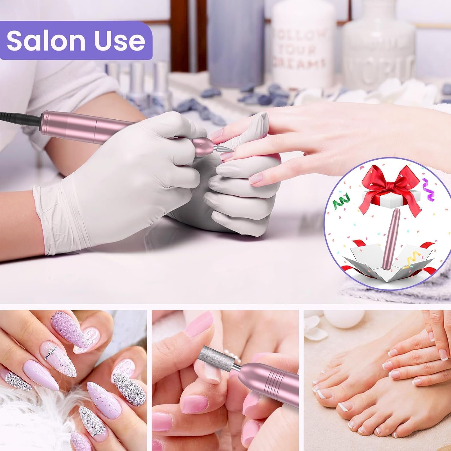 Nail Drill, Professional Electric Nail Files for Acrylic and Gel Nails, Portable Electric Nail Drill Machine E File 20000RPM, Electric Manicure Pedicure Set for Nail Care, Gifts for Girls Women Mum