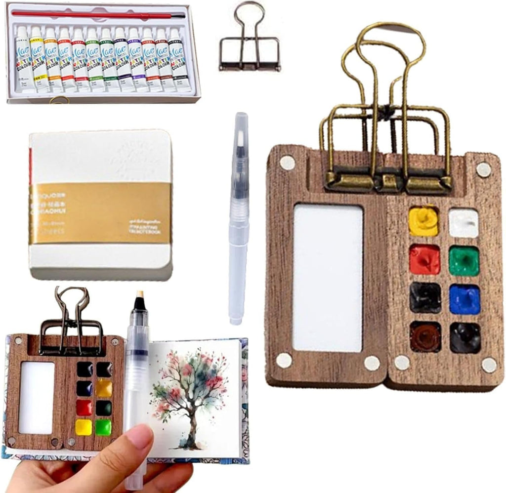 Portable Palette, Mini Travel Paint Set with 8 Grids Mini Wood Palette Box, Pocket Artist Watercolour Palette, Sketchbook Palette Pocket Travel Paint Tray Box with Metal Clip, Watercolor Pen