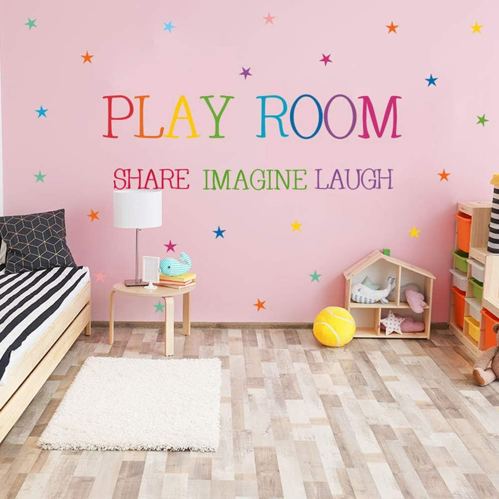 Playroom Share Imagine Laugh Wall Art - Colorful Inspirational Lettering Quote with Stars Wall Decal Sticker for Nursery Classroom Playroom Decoration (Play Room)