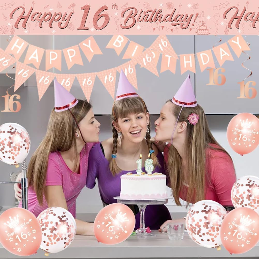 16Th Birthday Decorations for Girls-Rose Gold 16Th Birthday Banners Balloons Bunting for Her,Happy Birthday Party Decor Include Banner Bunting Hanging Swirls Triangle Flags Confetti Latex Balloons
