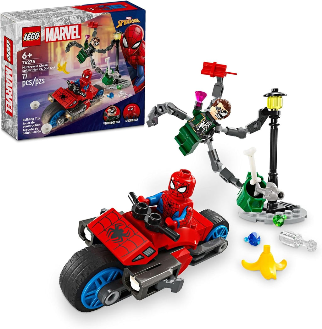 Marvel Motorcycle Chase: Spider-Man Vs. Doc Ock, Buildable Toy for Kids with Stud Shooters and Web Blasters, 2 Marvel Minifigures, Super Hero Toy, Gift for Boys and Girls Aged 6 and Up, 76275