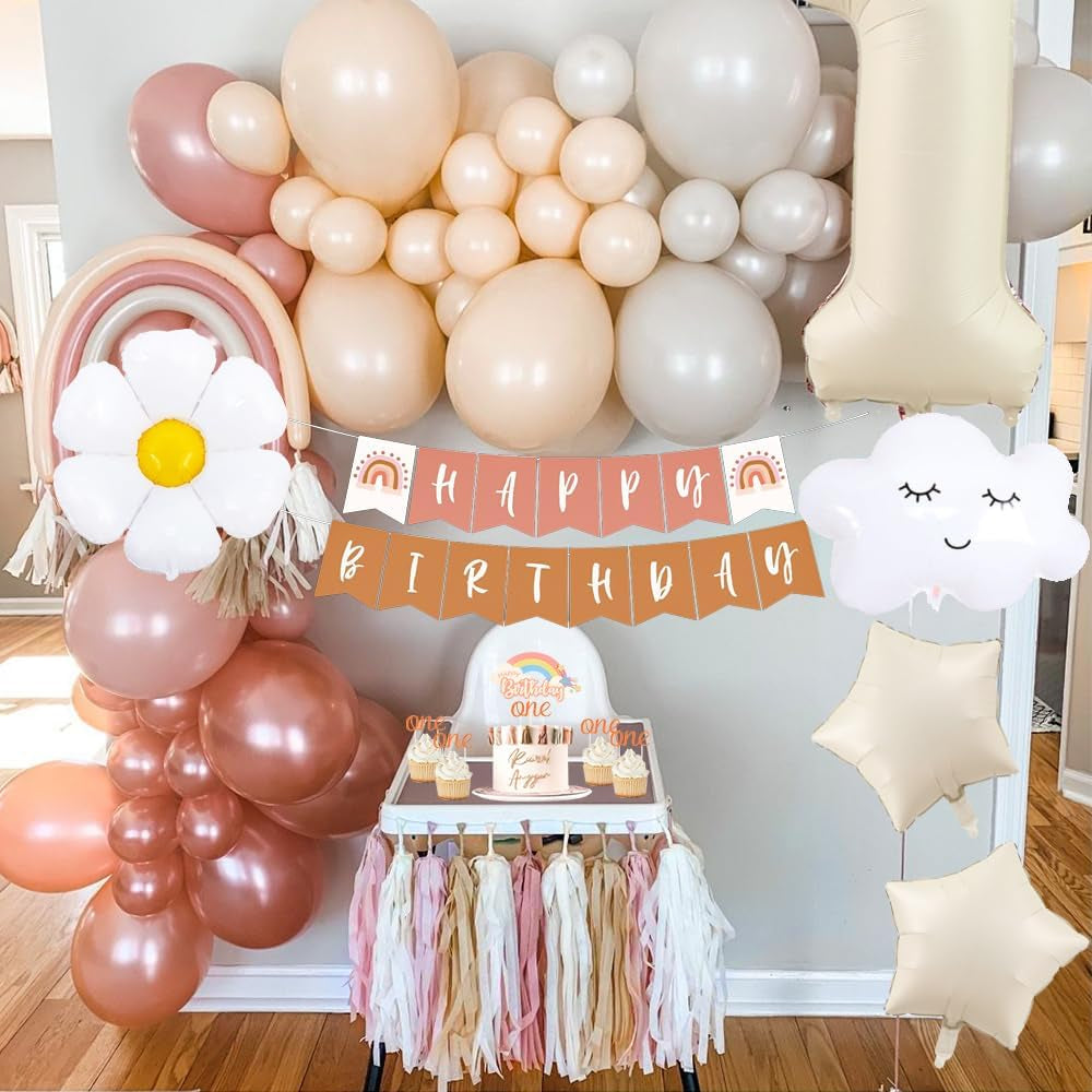 1St Birthday Decorations for Girls,First Birthday Decorations with Baby Month Photo Banner,Beige Number 1 Foil Balloon, First Birthday Cake Topper,Rainbow Happy Birthday Banner for Baby Shower