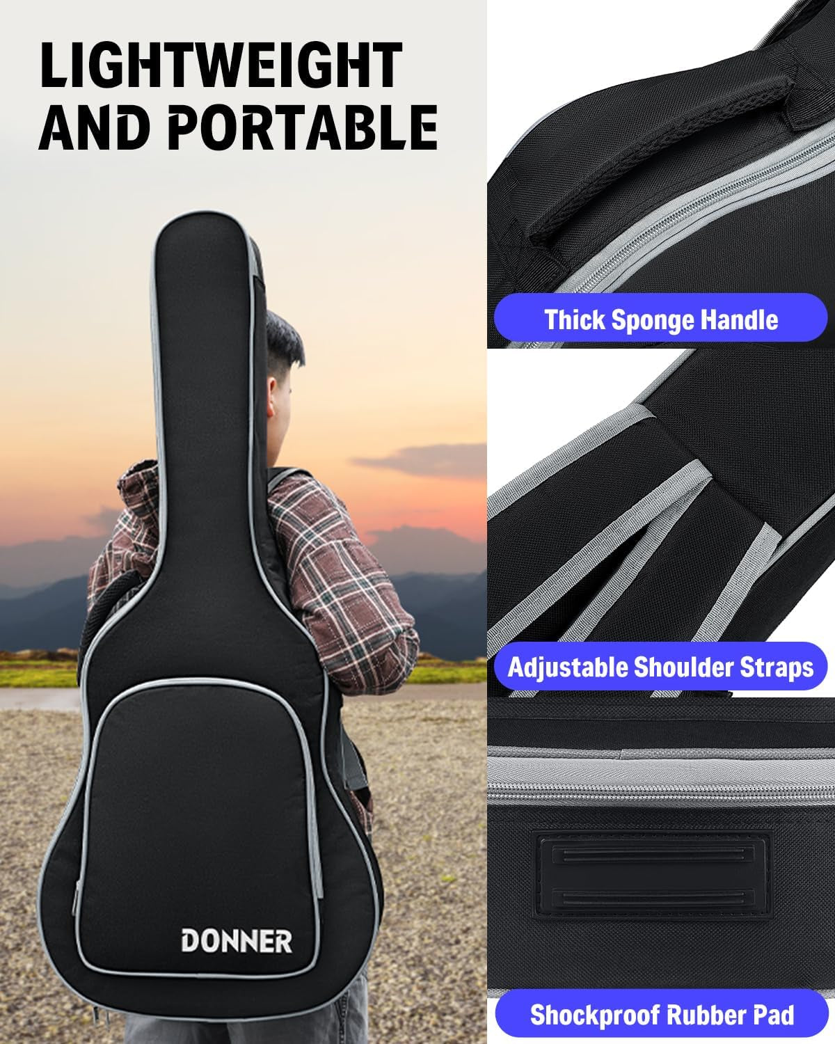 Acoustic Guitar Gig Bag 40/41 Inch, 5Mm Thickness Backpack Soft Solid Guitar Case with Adjustable Straps, Water-Resistant Nonwovens Interior Thicken Sponge Pad with Pocket, Black