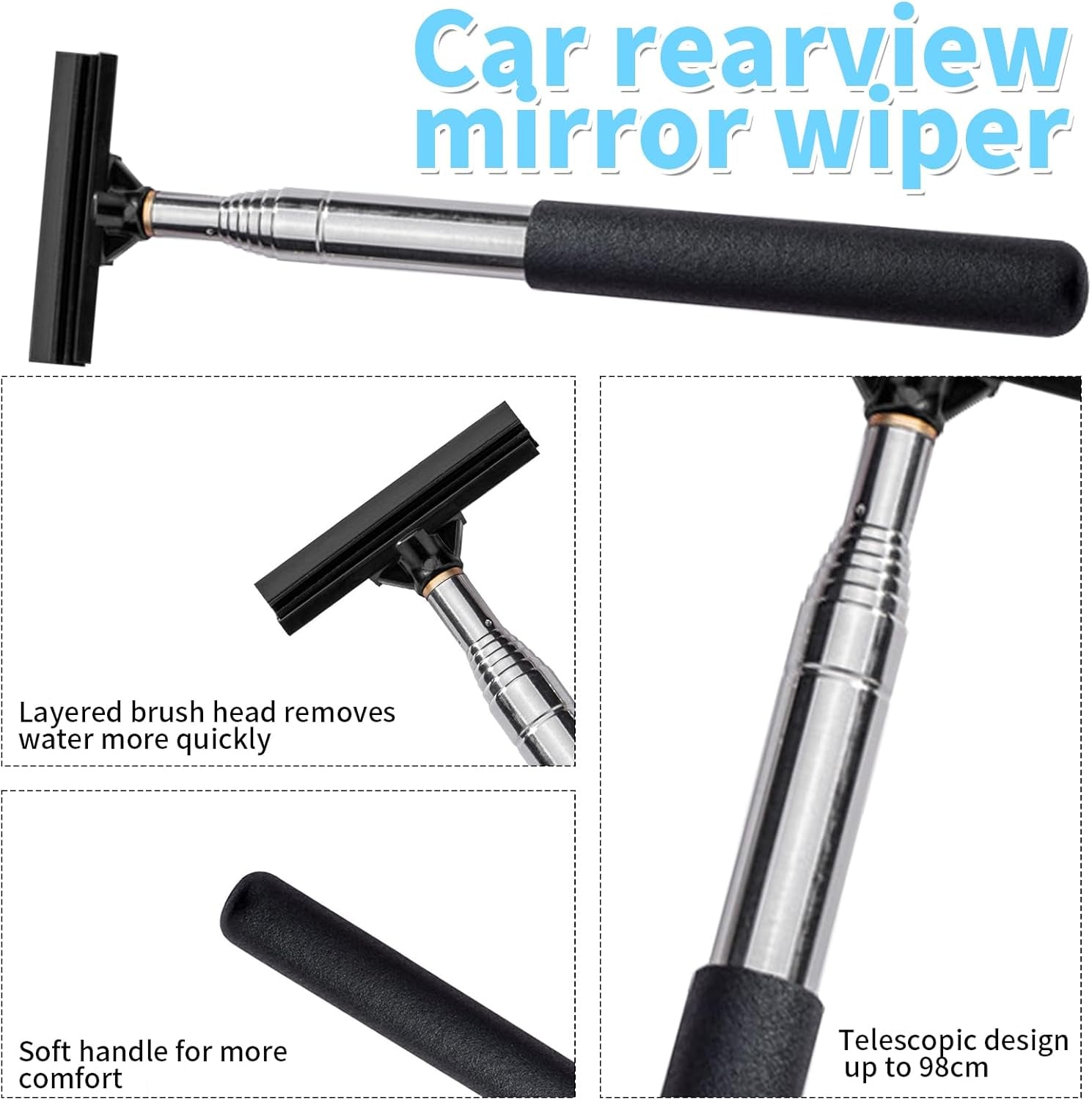 Window Cleaner Tool, Car Windscreen Cleaner Extendable Car Window Squeegee Set with 2 Reusable and Washable Microfiber Pads for Home and Outdoor