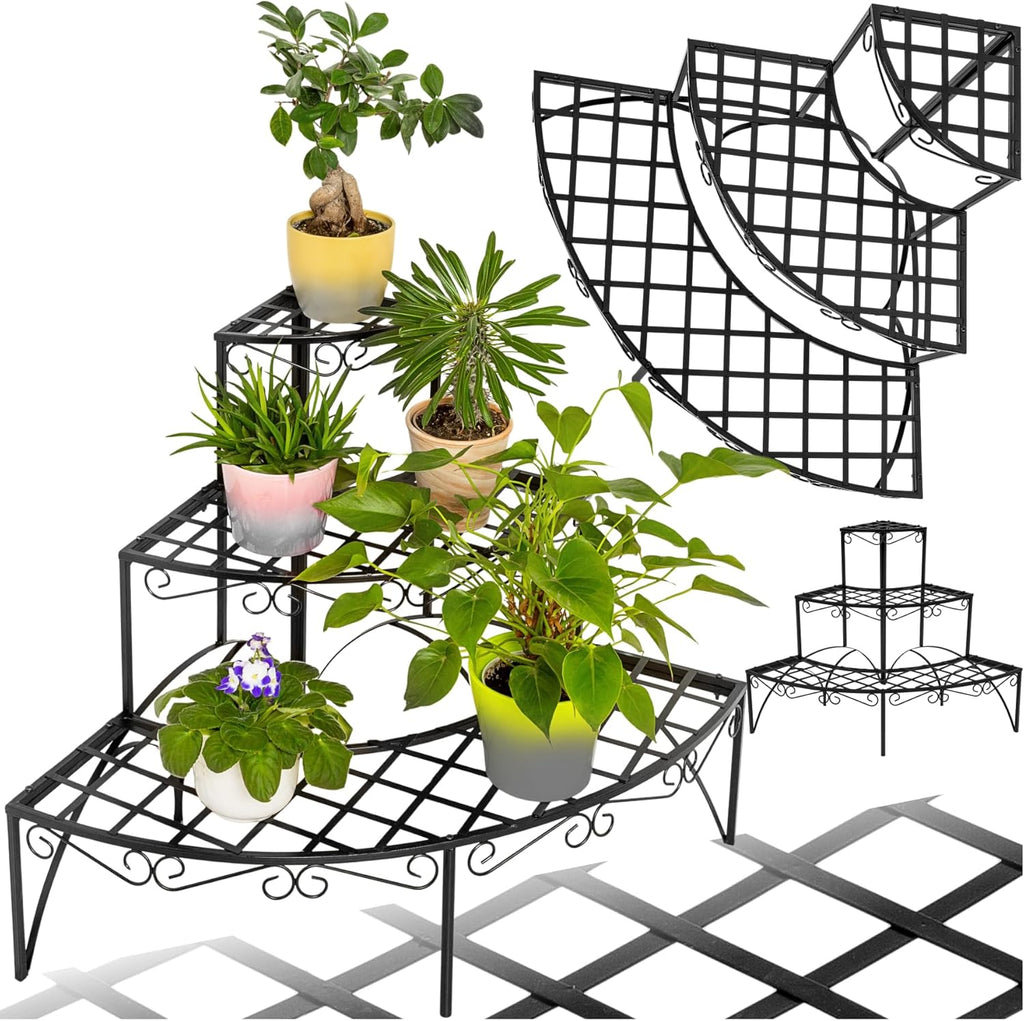 3-Tiered Plant Stand in Charming, Airy Design & Robust, Weather-Resistant Steel, 30 Kg Load Capacity, Indoor & Outdoor Use, Plant Pot Stand for Garden, Balcony, Patio, Conservatory - Black