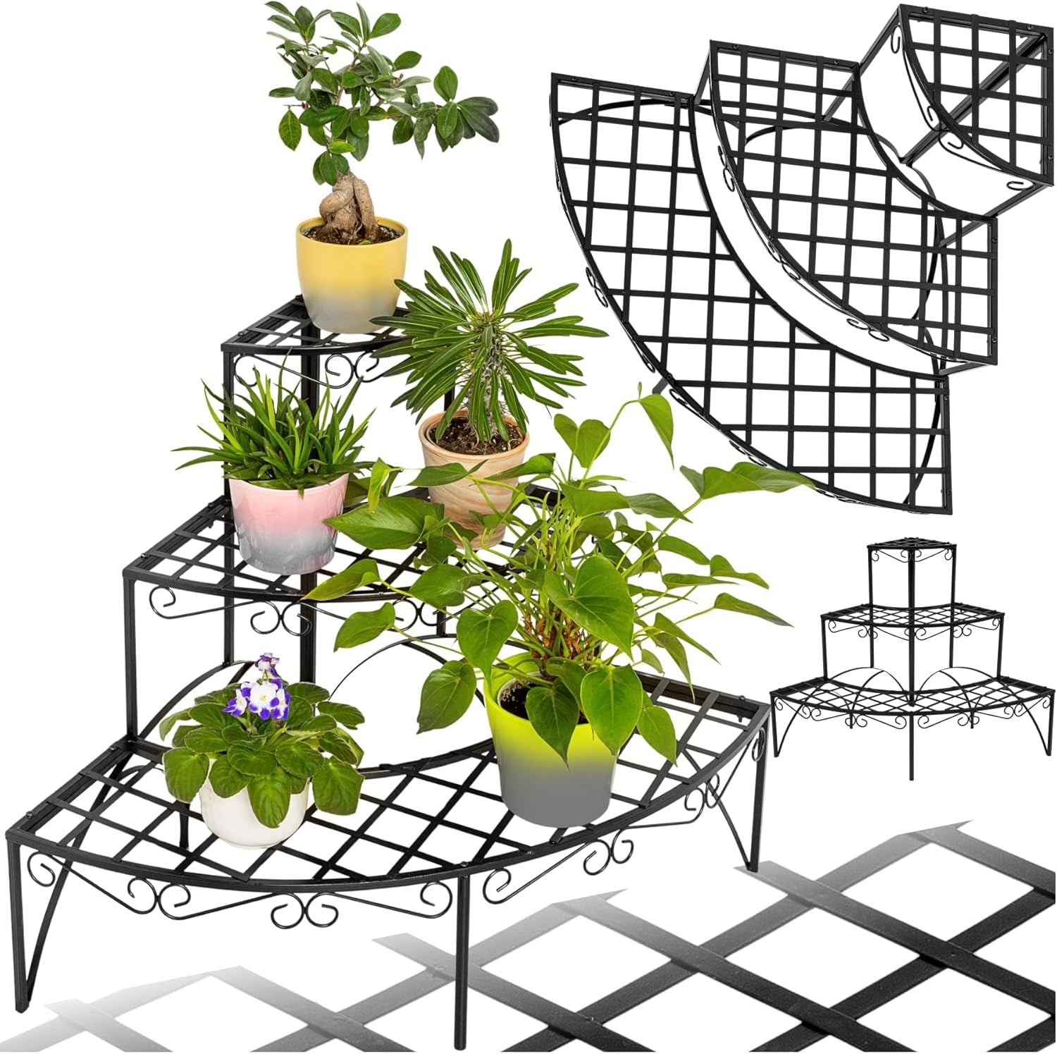 3-Tiered Plant Stand in Charming, Airy Design & Robust, Weather-Resistant Steel, 30 Kg Load Capacity, Indoor & Outdoor Use, Plant Pot Stand for Garden, Balcony, Patio, Conservatory - Black