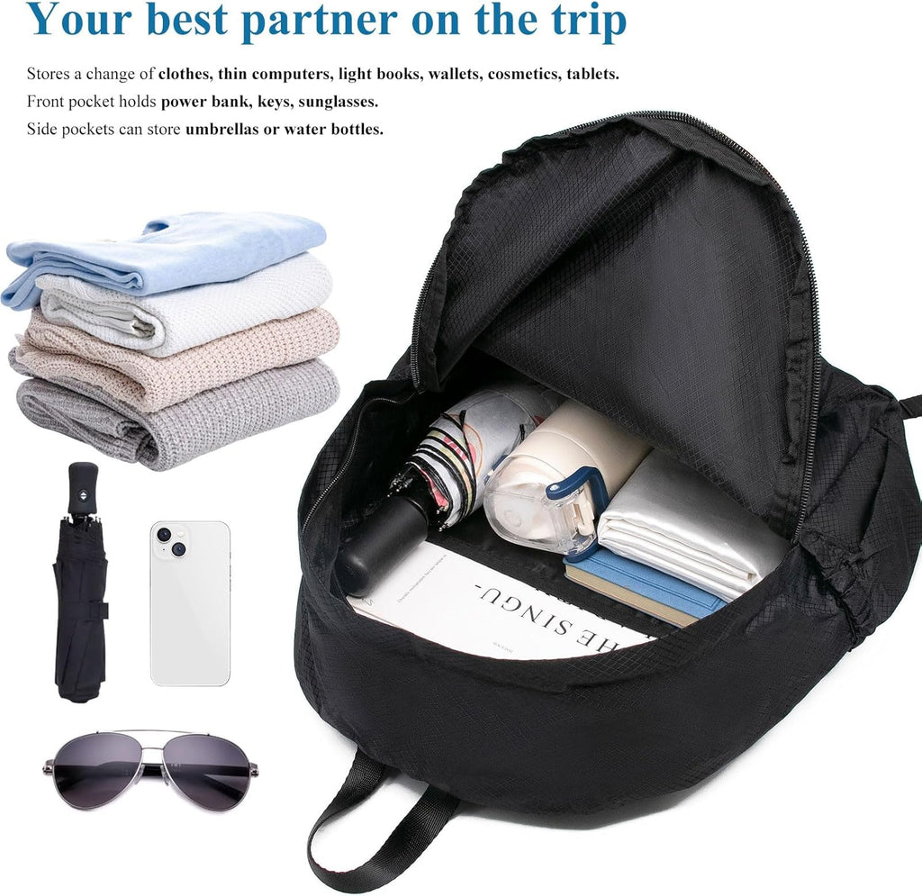 15L Packable Lightweight Backpack for Women Men Water Resistant Foldable Hiking Travel Camping Daypack (Black)