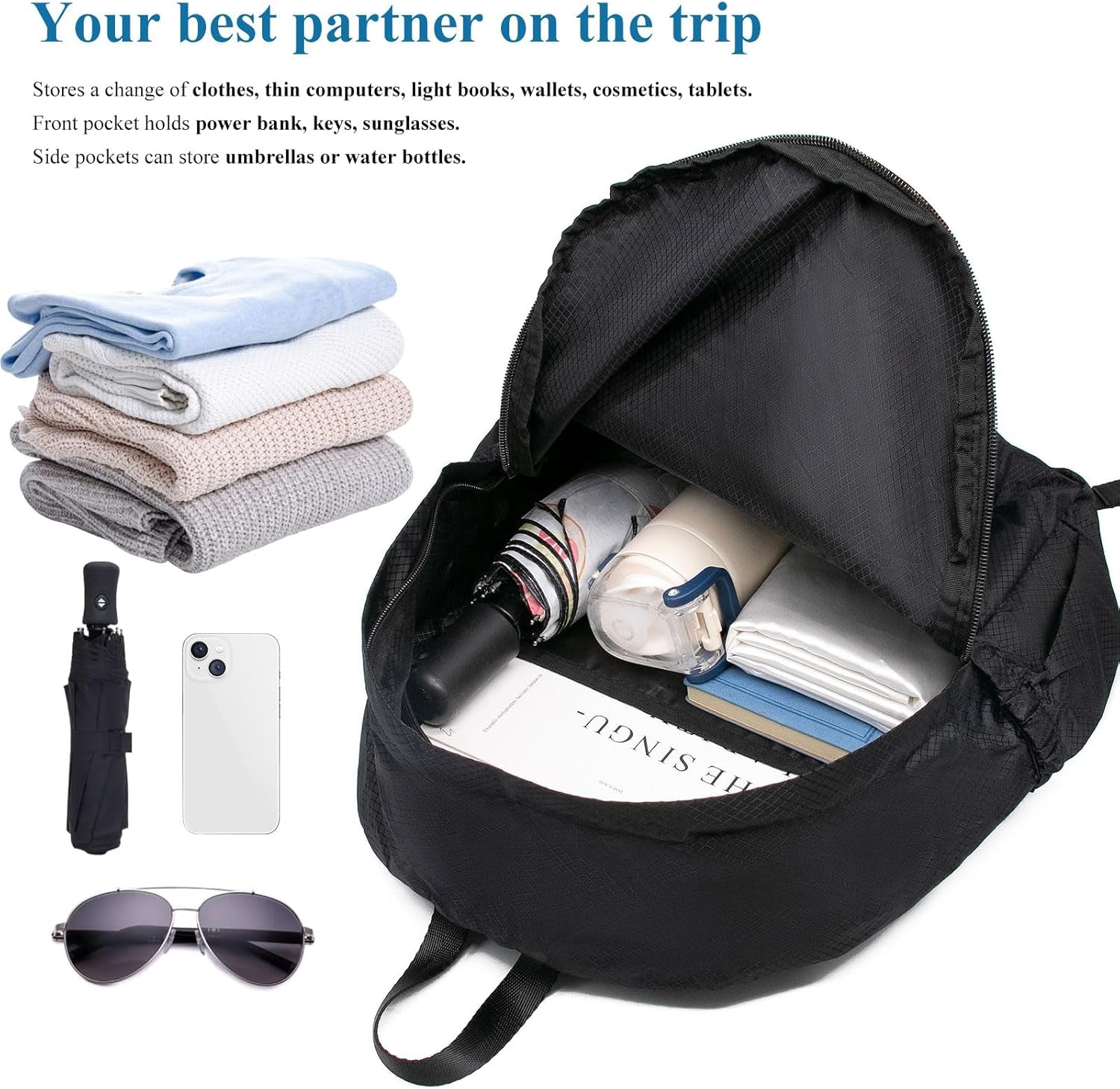 15L Packable Lightweight Backpack for Women Men Water Resistant Foldable Hiking Travel Camping Daypack (Black)