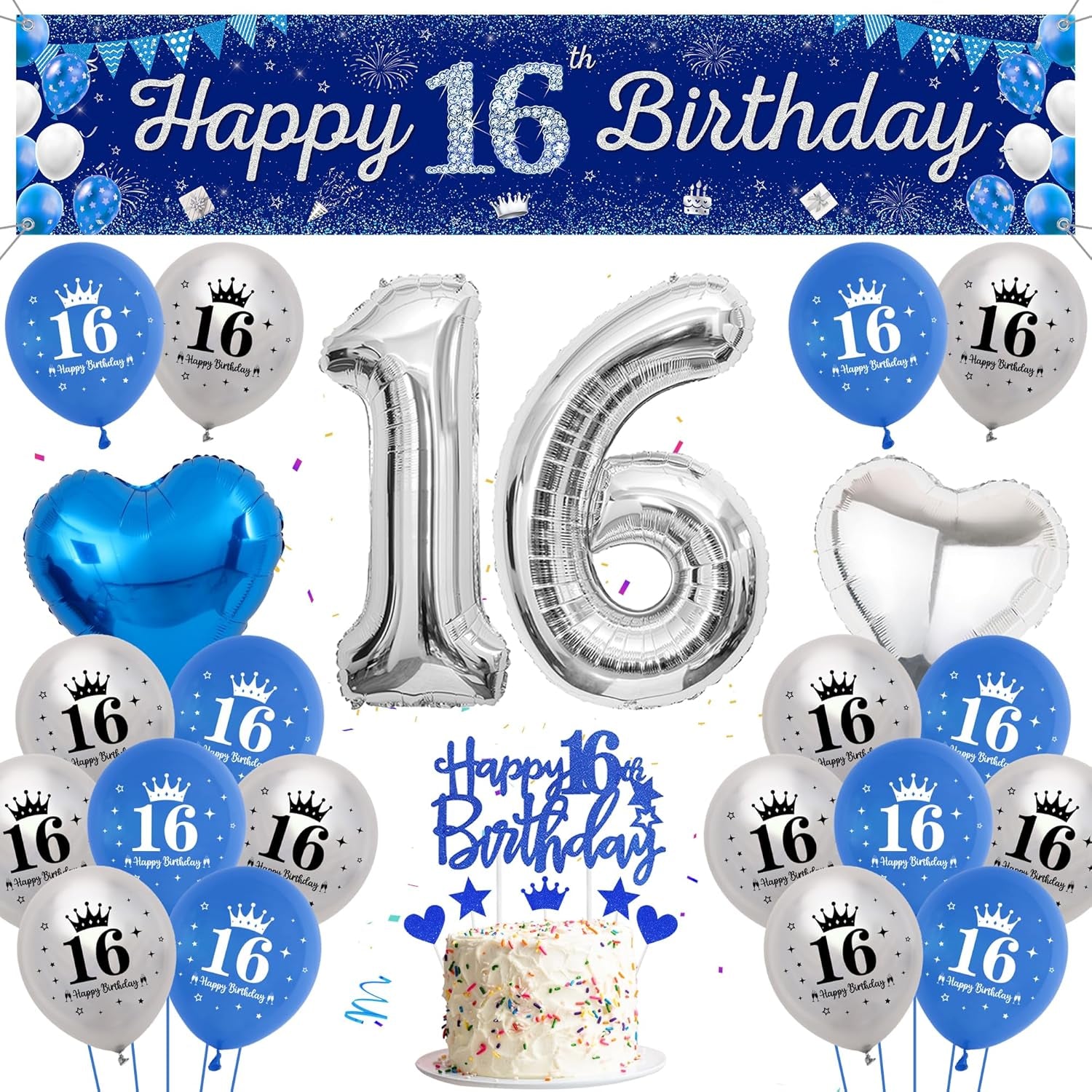 Boys 16Th Birthday Decorations Blue - 31 Pieces Blue Silver Party Decoration, Happy Birthday Banner, Number 16 Foil Balloons, Backdrop, Latex Balloon, Cake Topper for Kids Girl Anniversary Decor Gifts