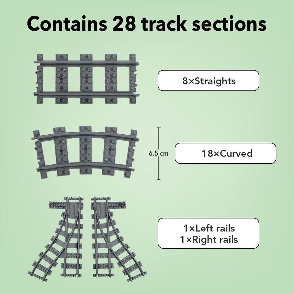 28PCS City Train Tracks, Classic Train Tracks Accessories, Railroad Building Toy Compatible with All Major Brand - 18 Curved, 8 Straight, 1 Right Turnout, 1 Left Turnout