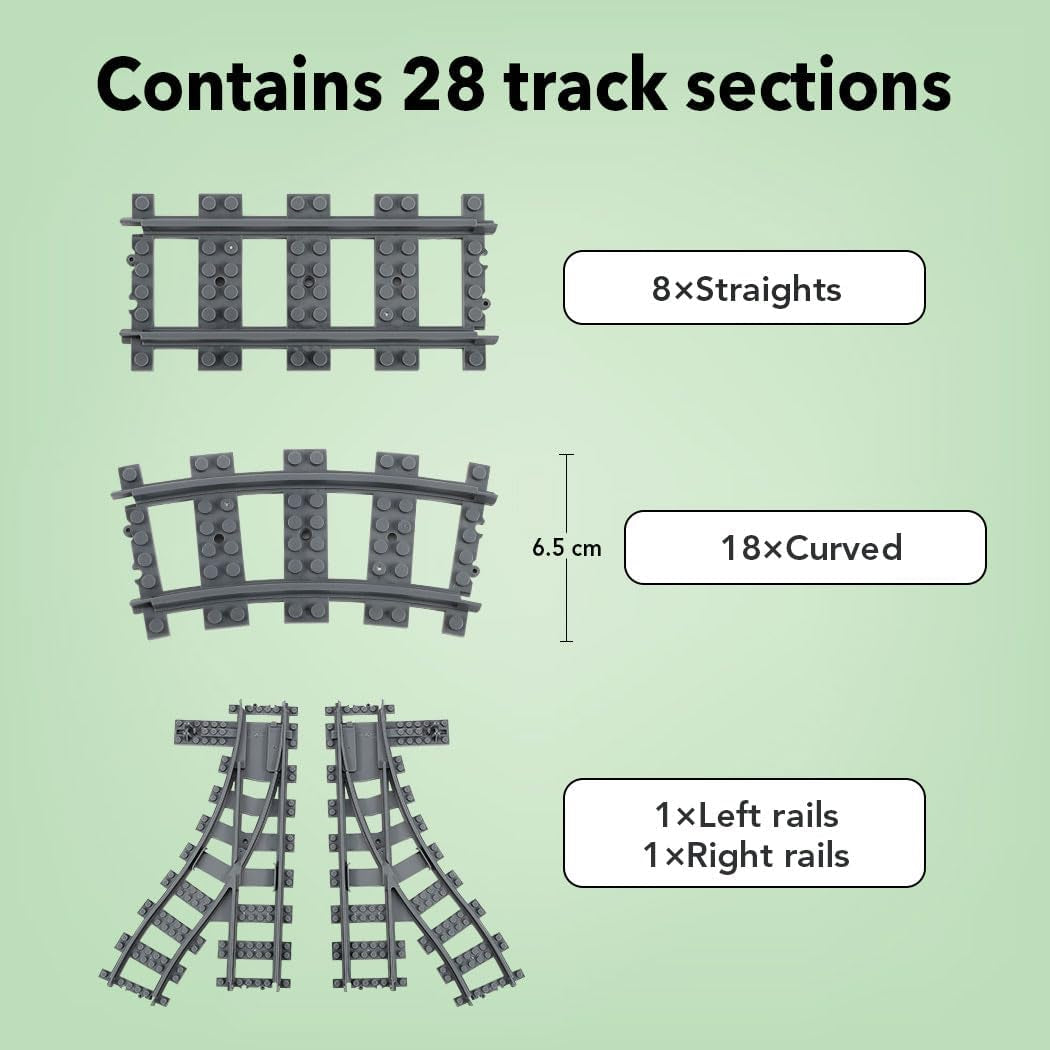 28PCS City Train Tracks, Classic Train Tracks Accessories, Railroad Building Toy Compatible with All Major Brand - 18 Curved, 8 Straight, 1 Right Turnout, 1 Left Turnout