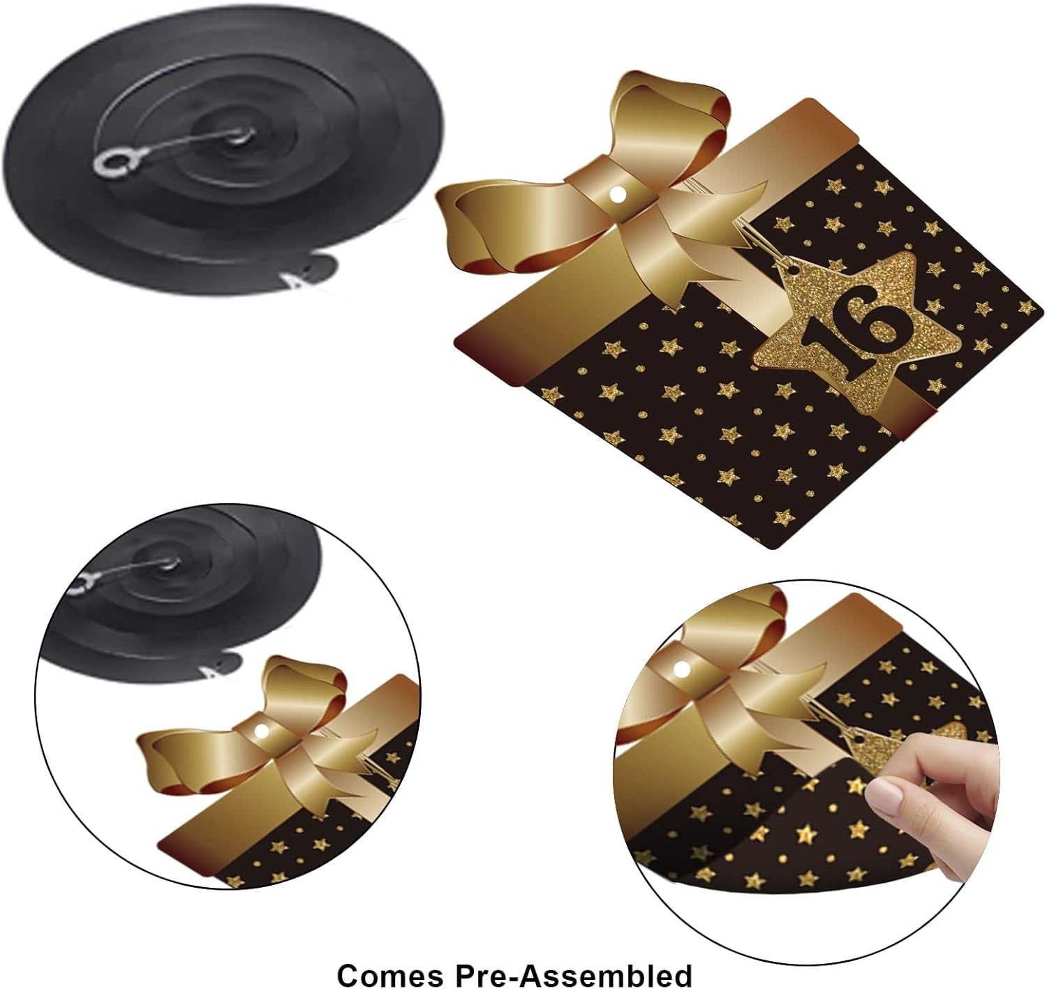 Happy 16Th Birthday Hanging Swirls Streams Ceiling Decorations, Celebration 16 Foil Hanging Swirls with Cutouts for Sweet 16 Years Old Black and Gold Birthday Party Decorations Supplies