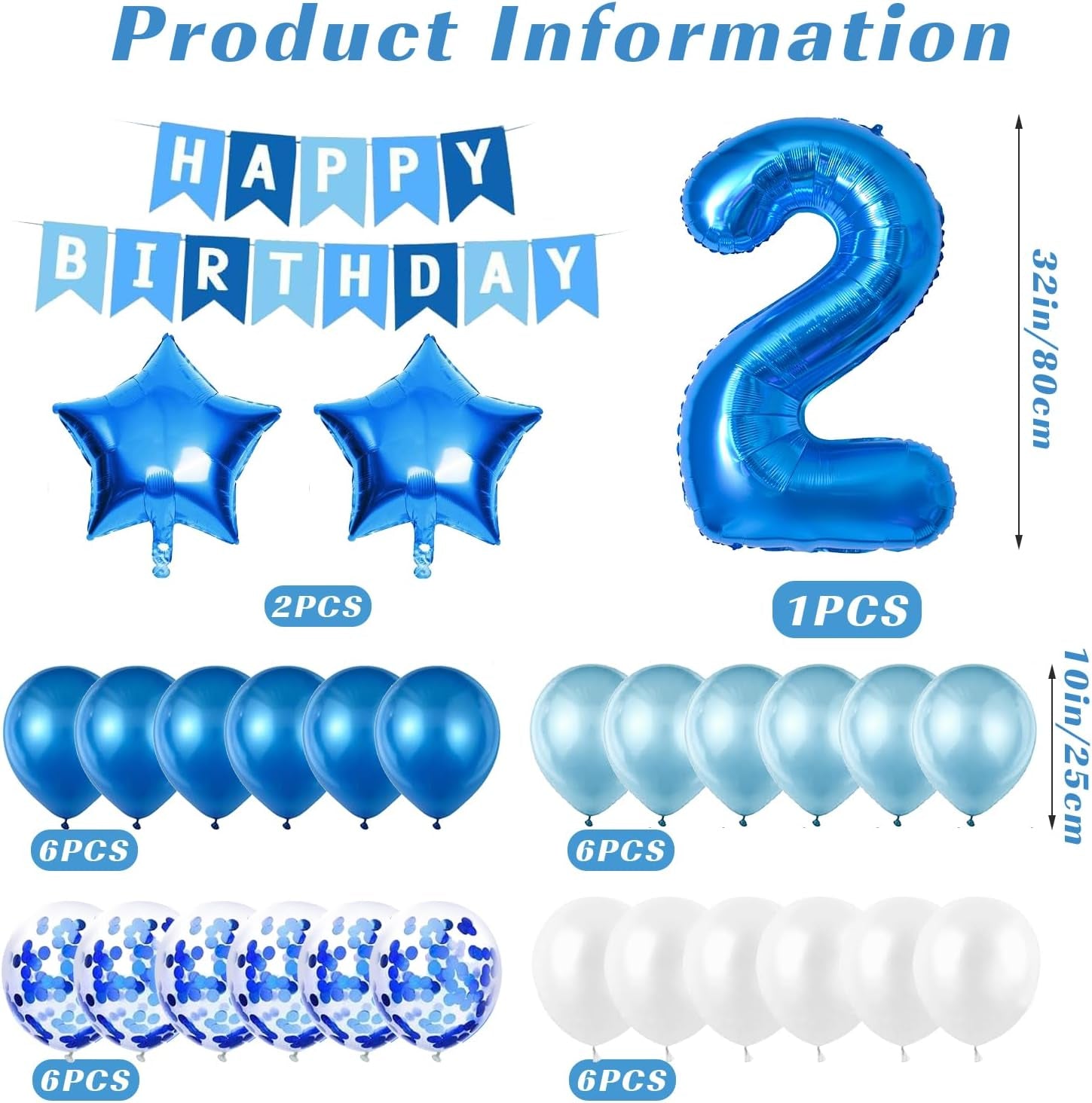 2Nd Birthday Decorations for Boys, Number 2 Balloon, Blue Silver 2Nd Party Decorations, Happy Birthday Bunting Banner, 32Inch Foil Number 2 Balloons Set for Birthday Party Anniversary Decorations