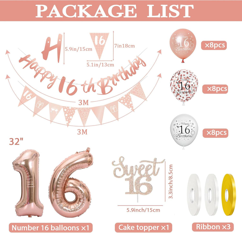 Rose Gold 16Th Birthday Decorations Set - 24Pc Confetti Balloons, Banner, Foil Balloons, Cake Topper for Girls' 16Th Birthday Party