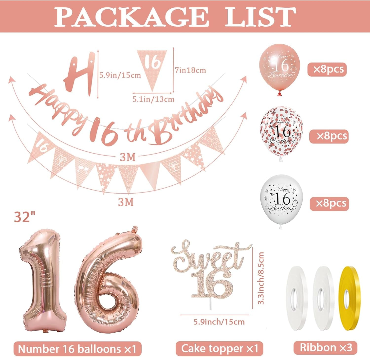 Rose Gold 16Th Birthday Decorations Set - 24Pc Confetti Balloons, Banner, Foil Balloons, Cake Topper for Girls' 16Th Birthday Party