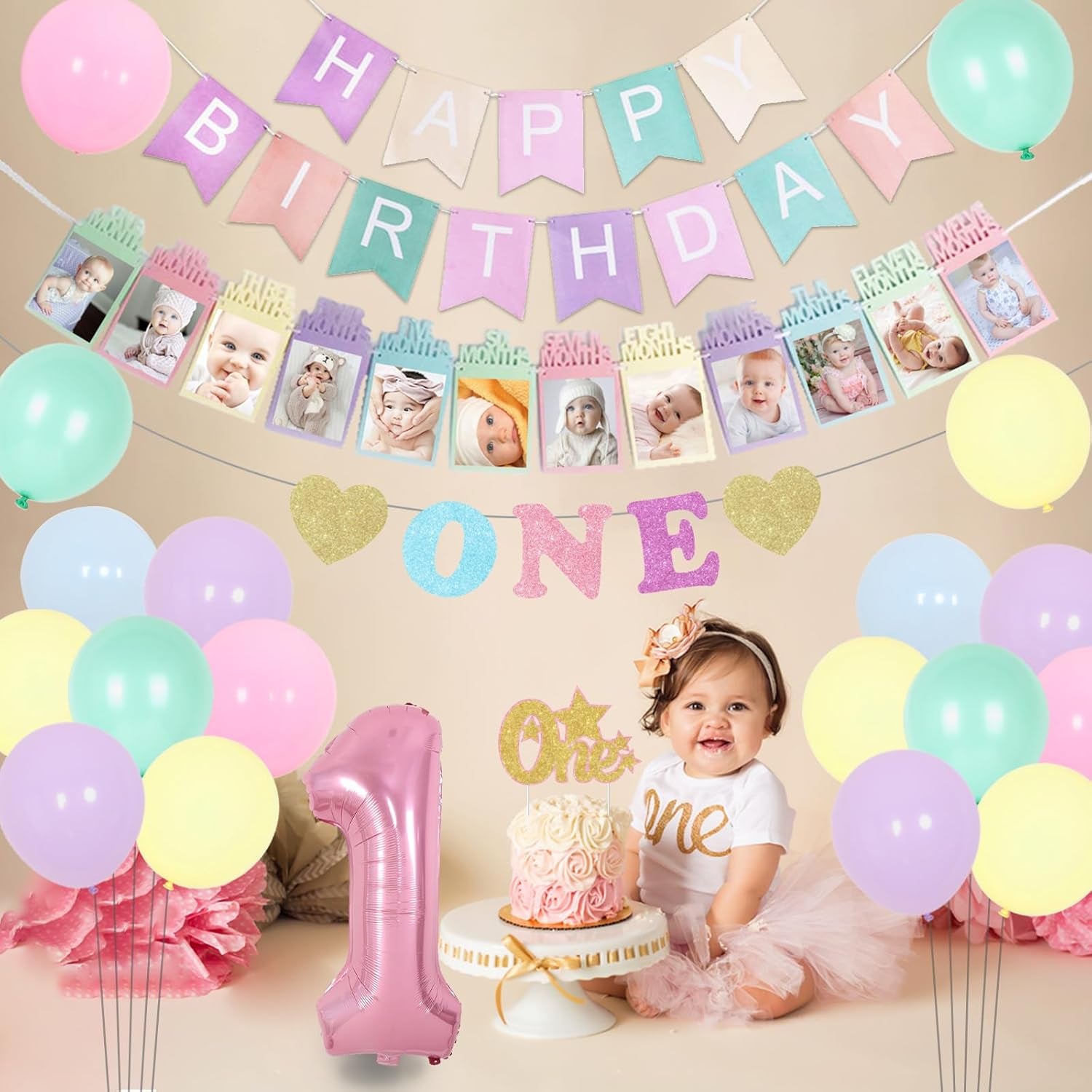1St Birthday Decorations for Girls Pastel, Macaron Party Decorations Happy Birthday Banner High Chair and Photo Banner 1 Foil Balloon Cake Topper for First Rainbow Bday Party Supplies