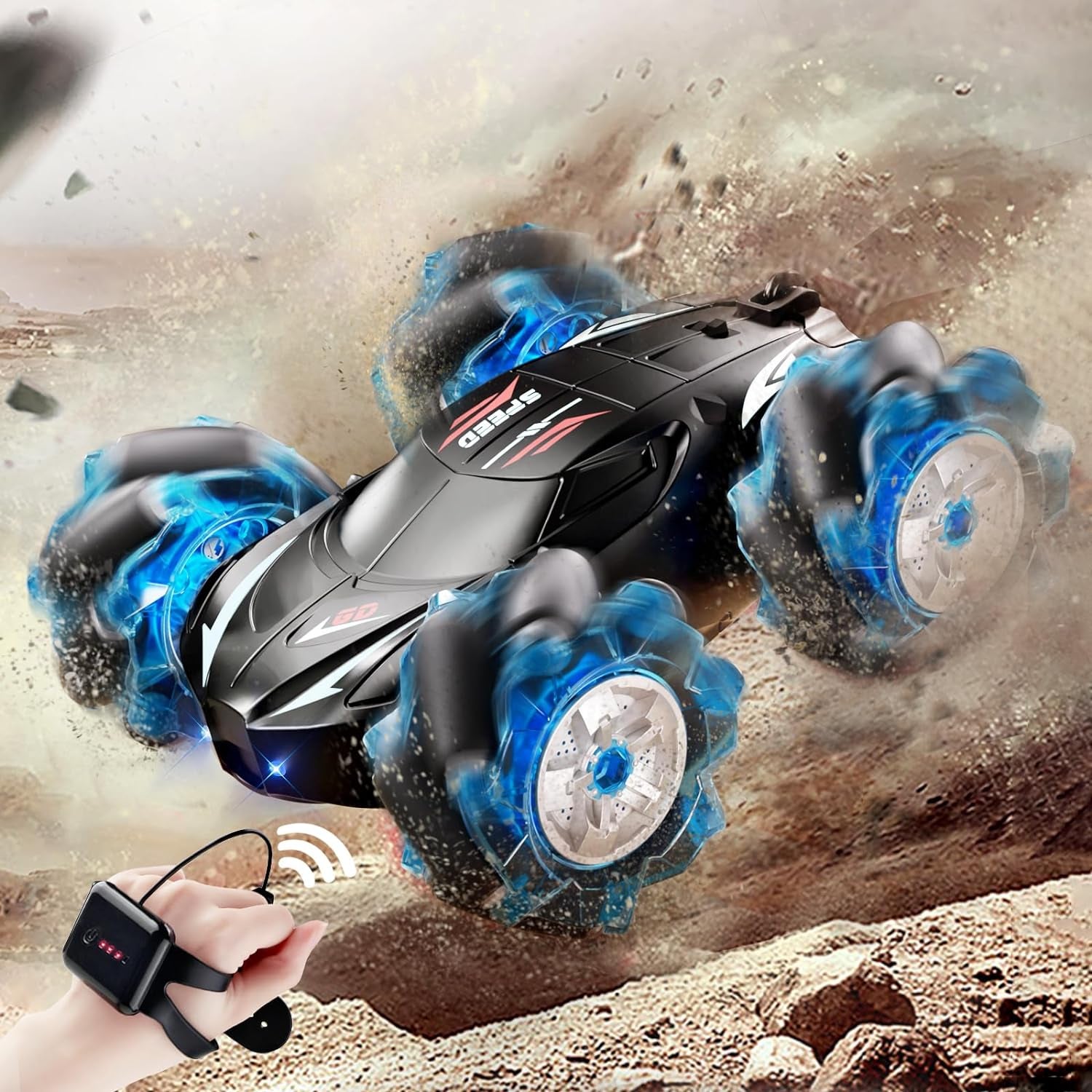 RC Stunt Car, 2.4Ghz 4WD Gesture Sensing Remote Control Car with Cool Light and Music, Double-Sided 360° Flips RC Cars for Boys Age 6-12 8-12 Birthday Christmas Toy Cars(Blue)