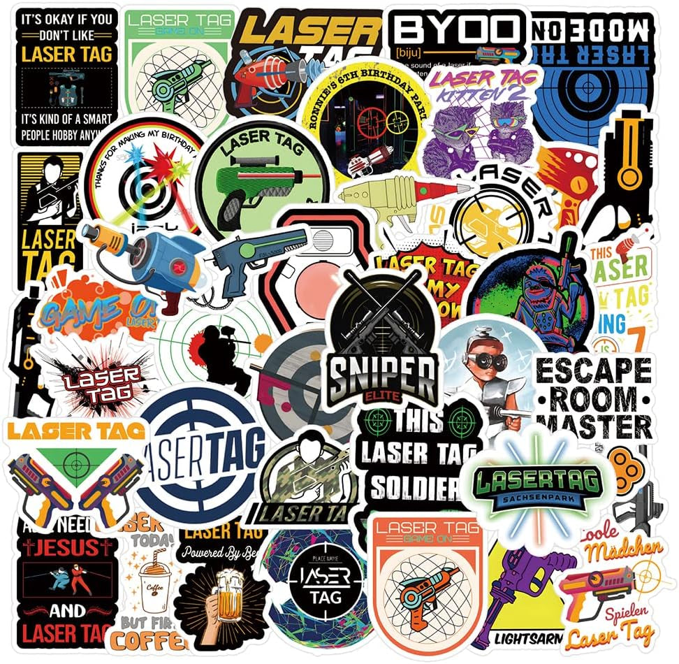 50Pcs Laser Tag Stickers, Cool Shooting Game Vinyl Waterproof Stickers for Hydro Flask,Water Bottle,Skateboard,Laptop,Phone,Car Decals Gifts for Kids Teens Adults for Party Favors Supplies（Laser Tag）…