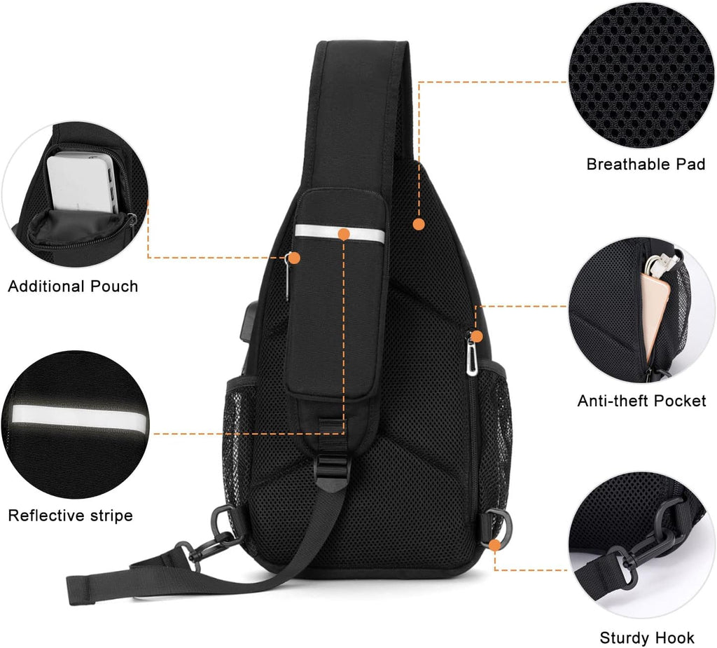 Sling Backpack Bag, Crossbody Shoulder Bag Travel Hiking Daypack Chest Bag with Front Square Pocket&Usb Charging Port