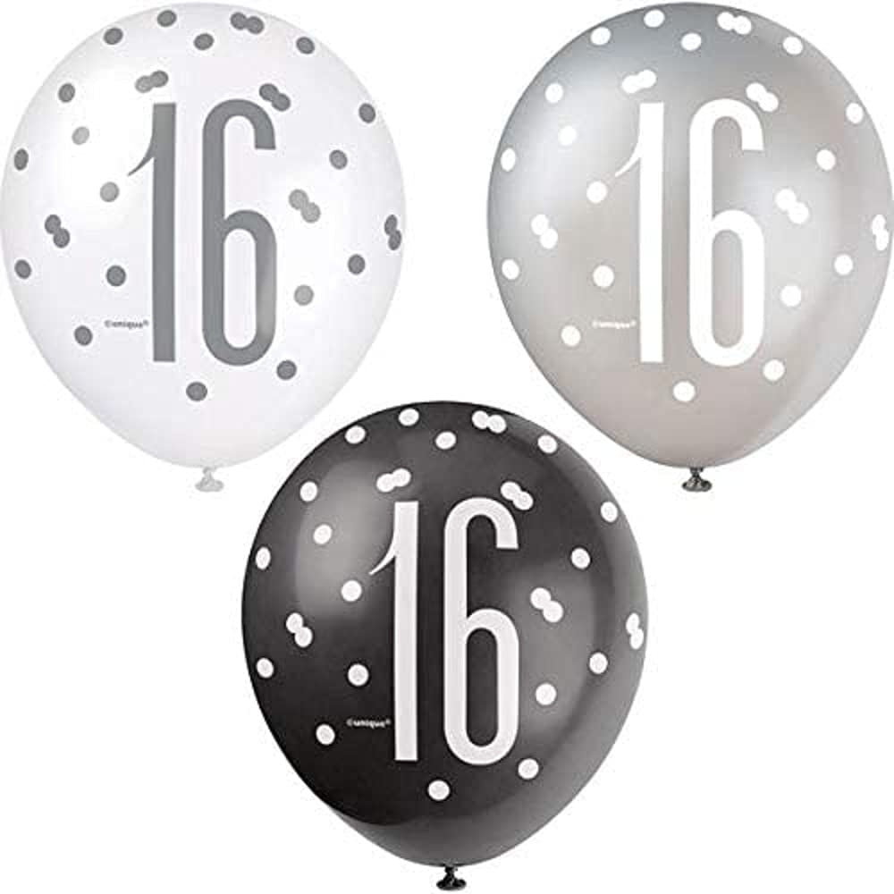 Deluxe 16Th Birthday Glitz Latex Balloons - Elegant Black, Silver & White Combo - Elegant Party Decor for Age 16 Celebrations - 6 Pcs