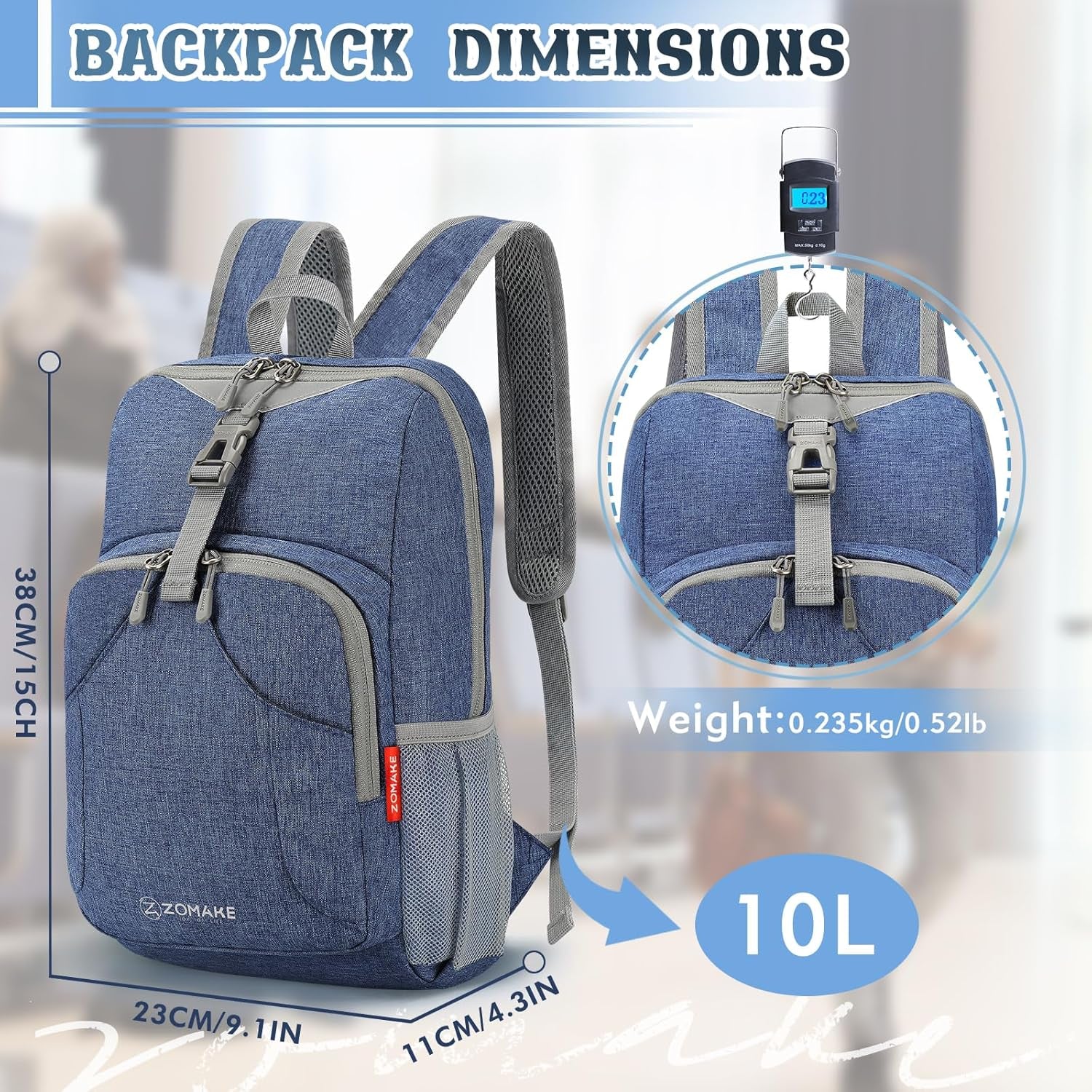 Ultra Lightweight Backpack 10L, Small Hiking Daypack Water Resistant Travel Daybag Ultra Light Backpacks for Hiking (Navy Blue)