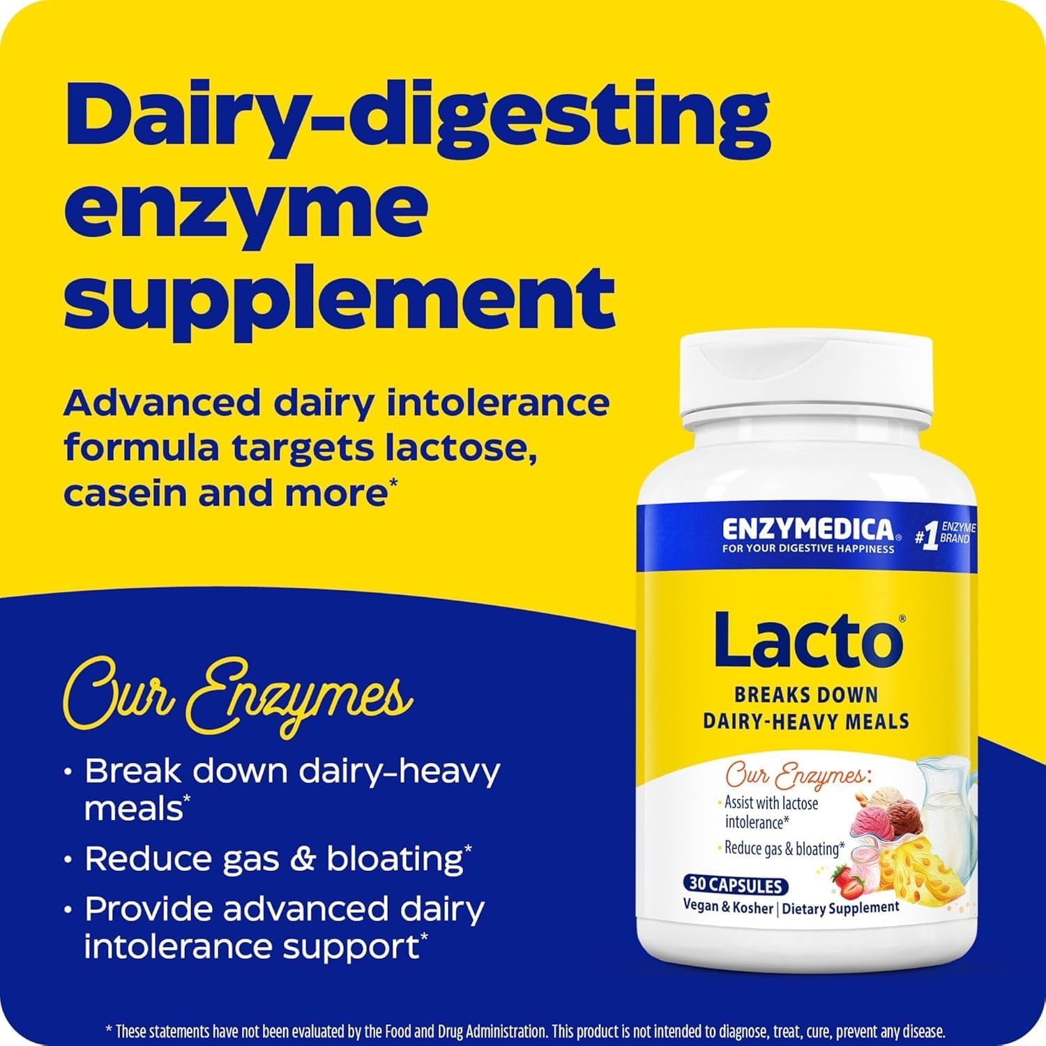Lacto, Maximum Strength Formula for Dairy Intolerance, with Enzymes Lactase and Protease, Relieves Digestive Discomfort, 30 Capsules (30 Servings)