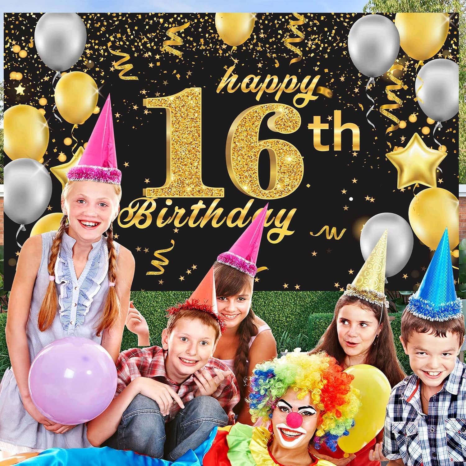 Happy 16Th Birthday Banner,16Th Birthday Decorations Black Gold,Party Backdrop Banner Fabric Banner.For Men Women 16Thbirthday Photo Backdrop,Photography Background,Outdoor Garden Table Wall Decor