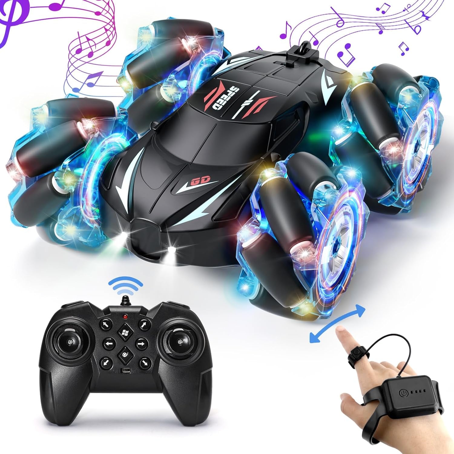 RC Stunt Car, 2.4Ghz 4WD Gesture Sensing Remote Control Car with Cool Light and Music, Double-Sided 360° Flips RC Cars for Boys Age 6-12 8-12 Birthday Christmas Toy Cars(Blue)