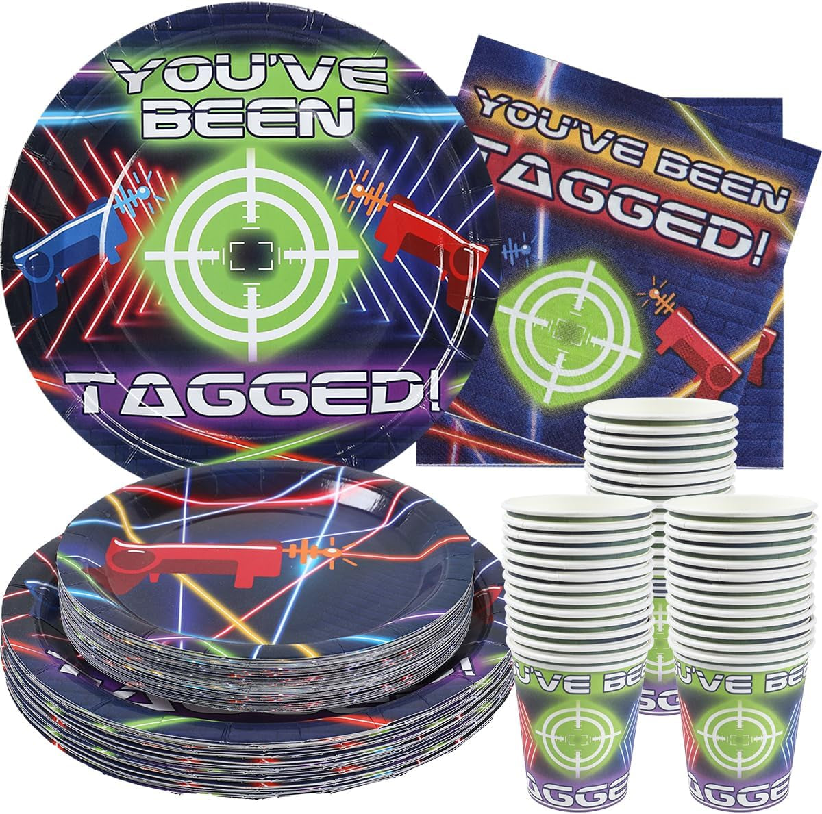Laser Tag Birthday Party Supplies - (Serves 24) - Dinner Plates, Dessert Plates, Cups, Napkins. Laser Tag Decorations for Kids, Boys, Girls and More.