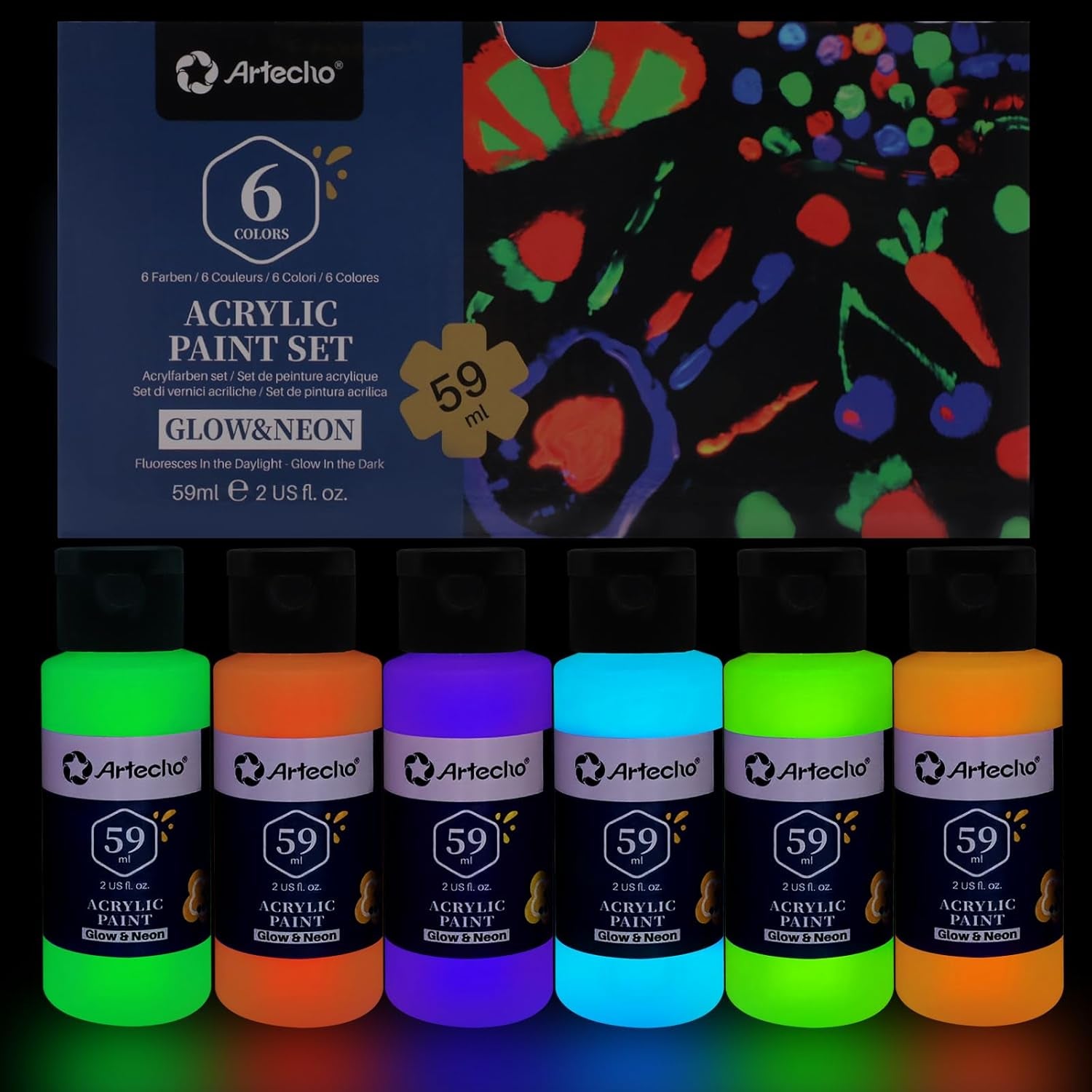 Acrylic Paint Set for Art Painting, Decorate, 6 Neon and Glow in the Dark Colors 2-In-1 2 Ounce/59Ml Acrylic Paint Supplies for Wood, Fabric, Crafts, Canvas, Leather&Stone