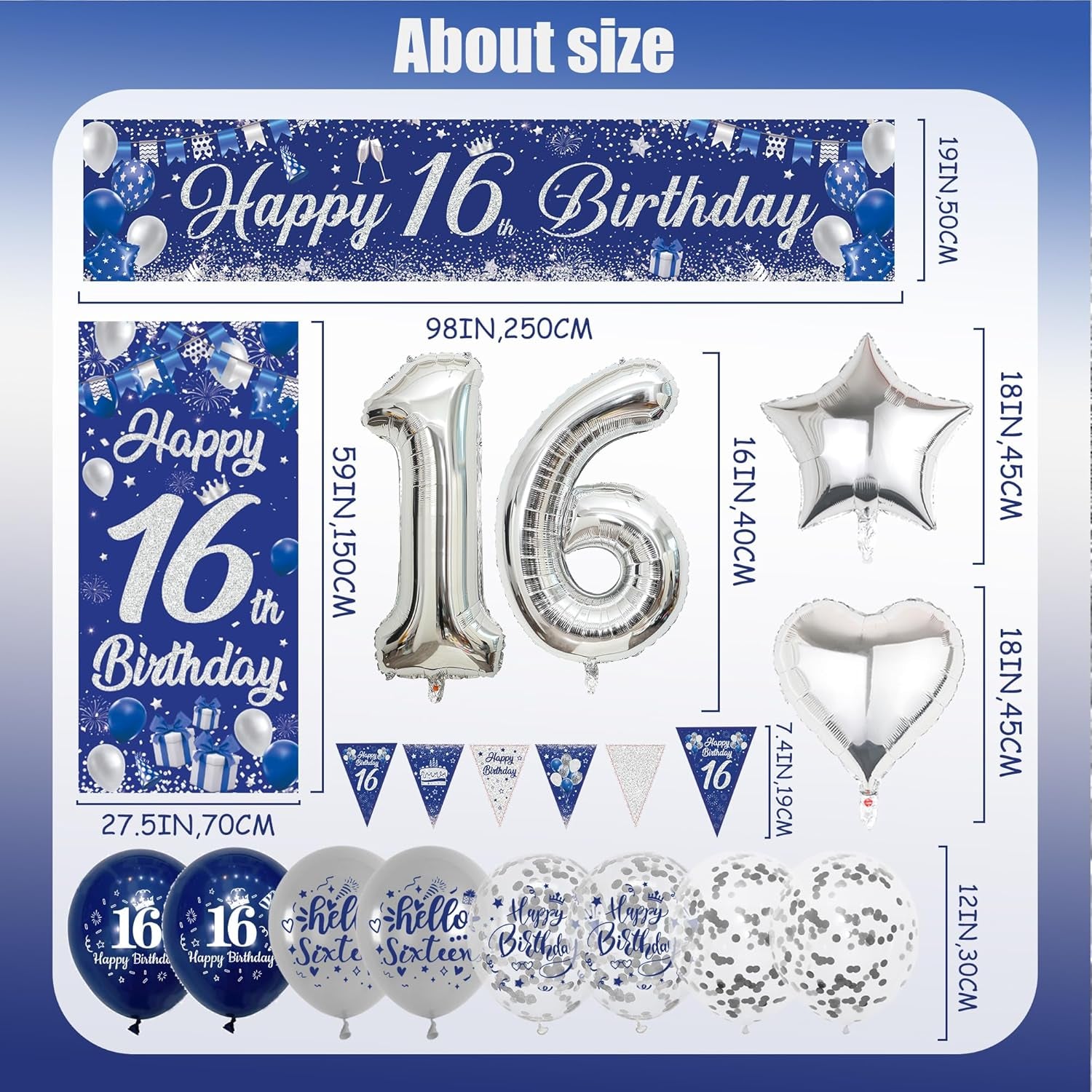 16Th Birthday Decorations for Boys Girls - Happy Birthday Yard Banner Number 16 Foil Balloons Bunting Latex Balloon Door Backdrop, Blue Silver Anniversary Decoration for 16 Years Old Party Supplies