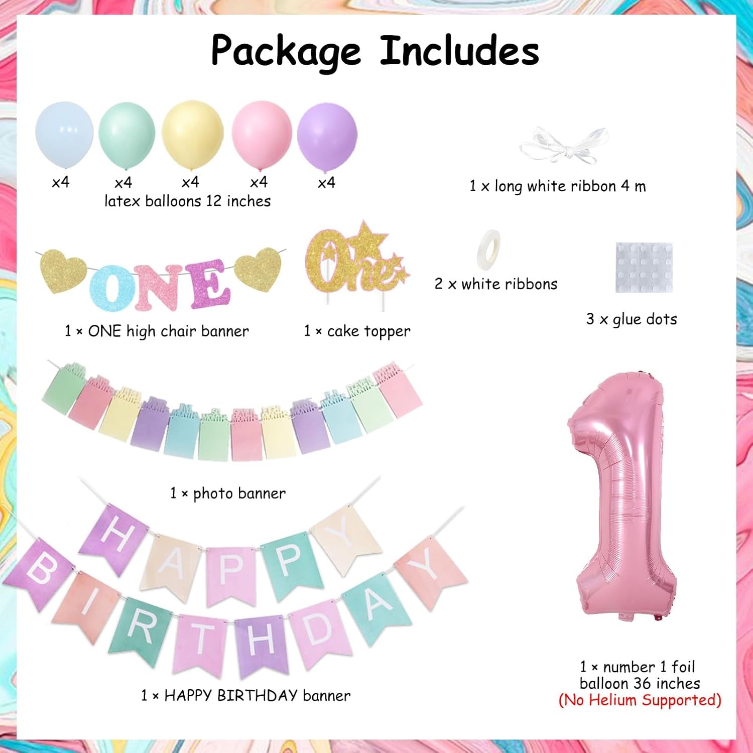 1St Birthday Decorations for Girls Pastel, Macaron Party Decorations Happy Birthday Banner High Chair and Photo Banner 1 Foil Balloon Cake Topper for First Rainbow Bday Party Supplies