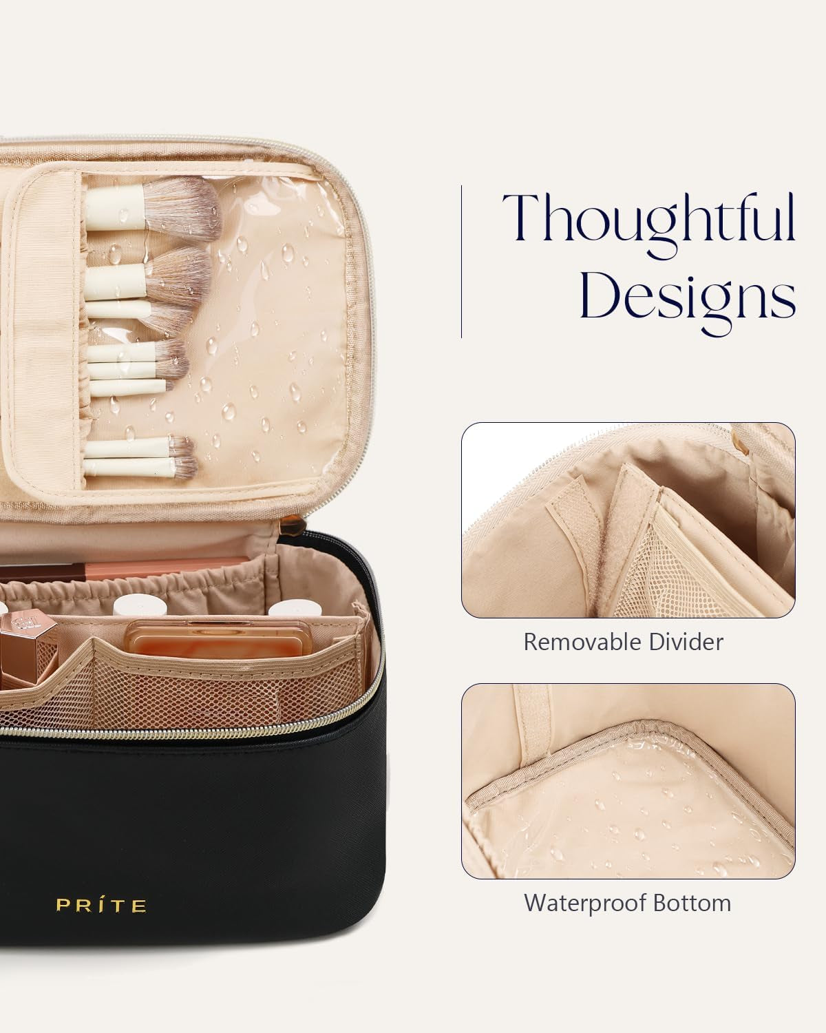 Large Makeup Bag for Women Travel Cosmetic Case Waterproof PU Leather Toiletry Bag Portable Make up Organiser with Handle and Removable Divider (Black)